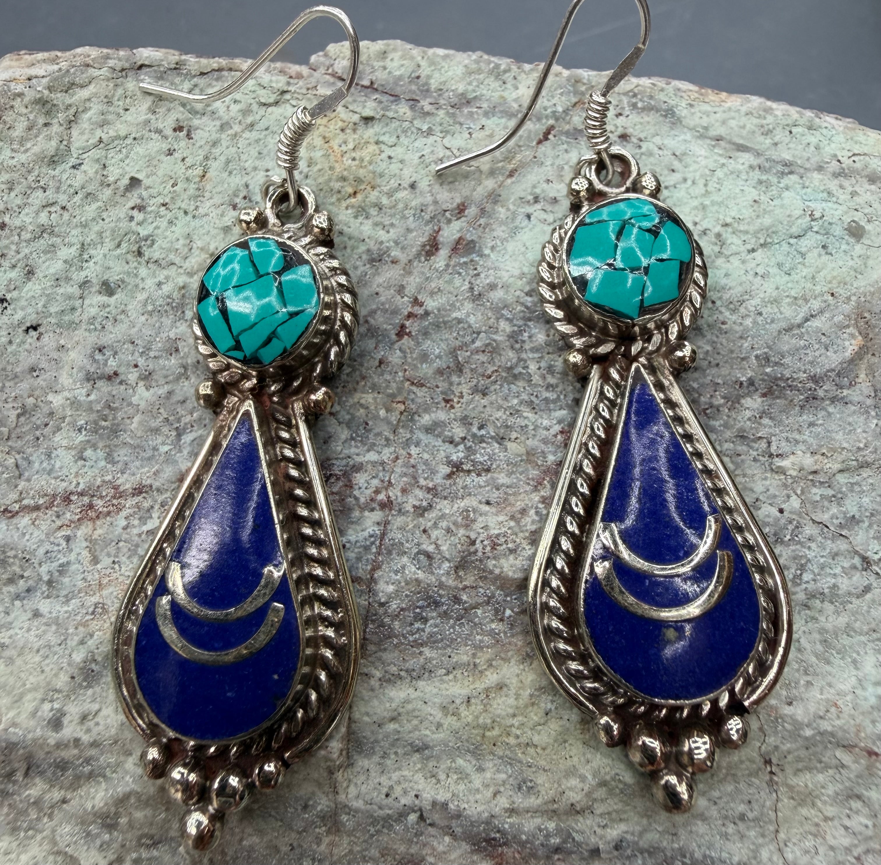 Turquoise & Lapis Crescent Drop Earrings – Southwestern Style