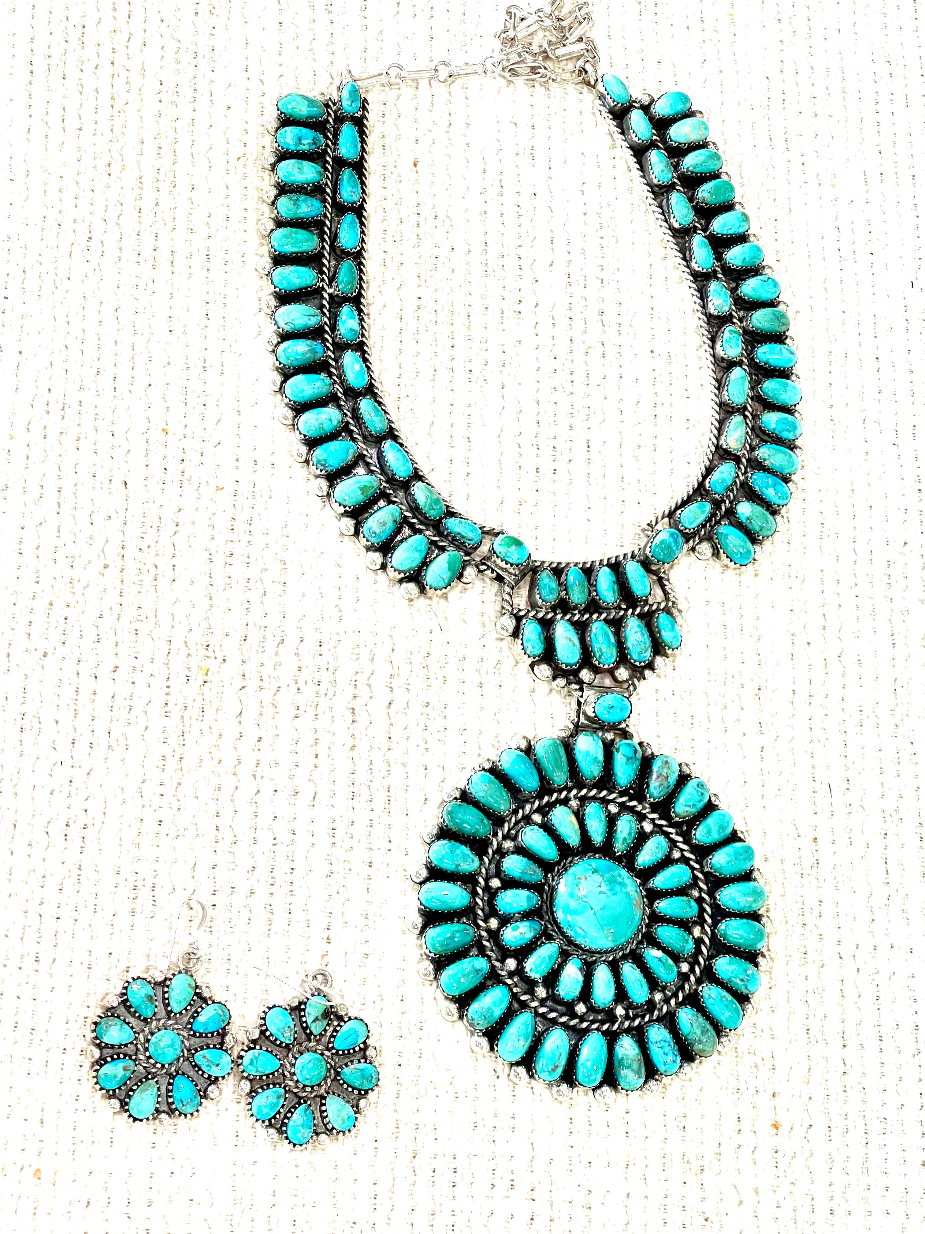Beautiful Handmade Sterling Silver & Turquoise Cluster Necklace And Earring Set