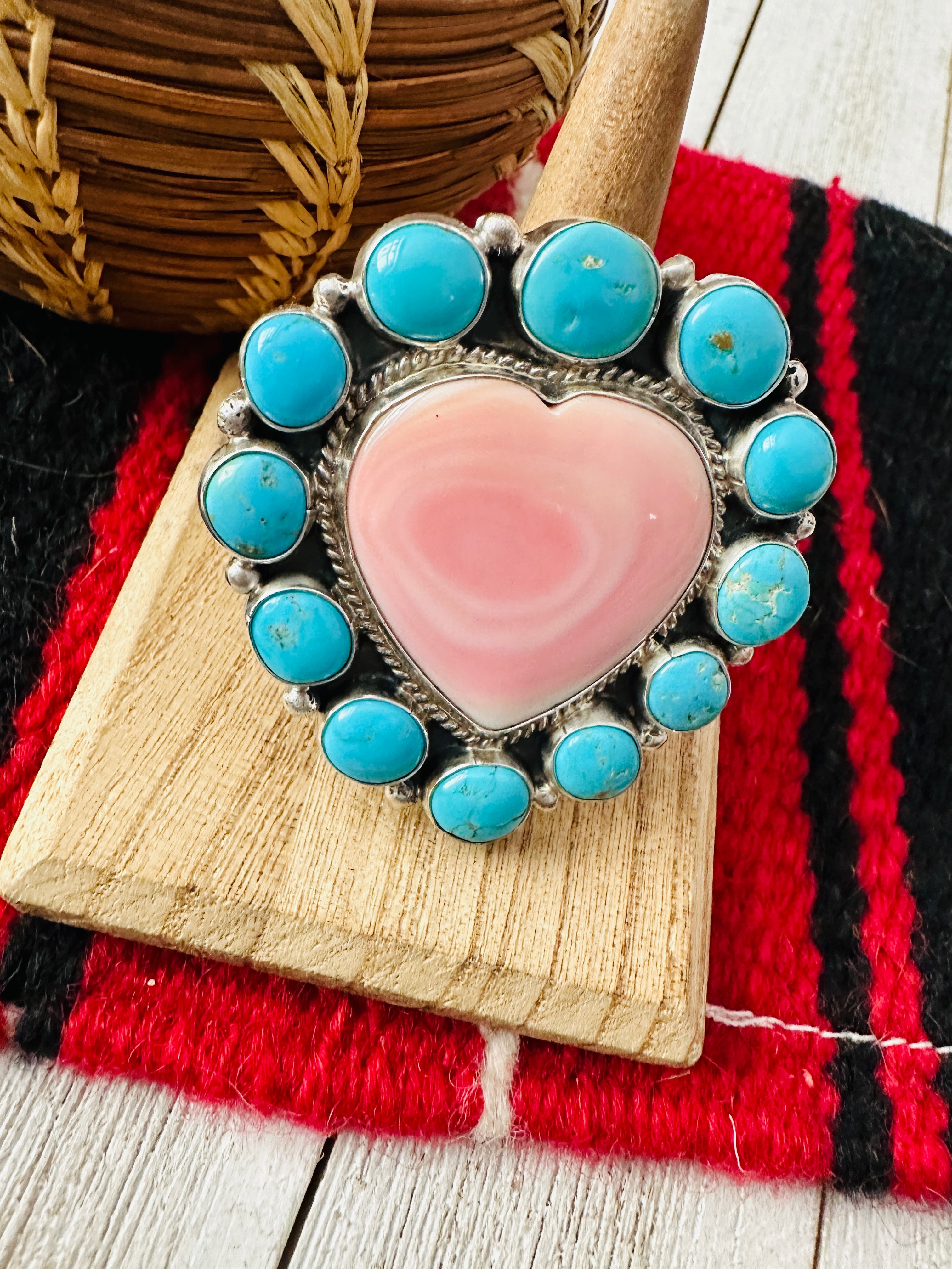 Navajo Sterling Silver, Queen Pink Conch & Turquoise Heart Adjustable Ring