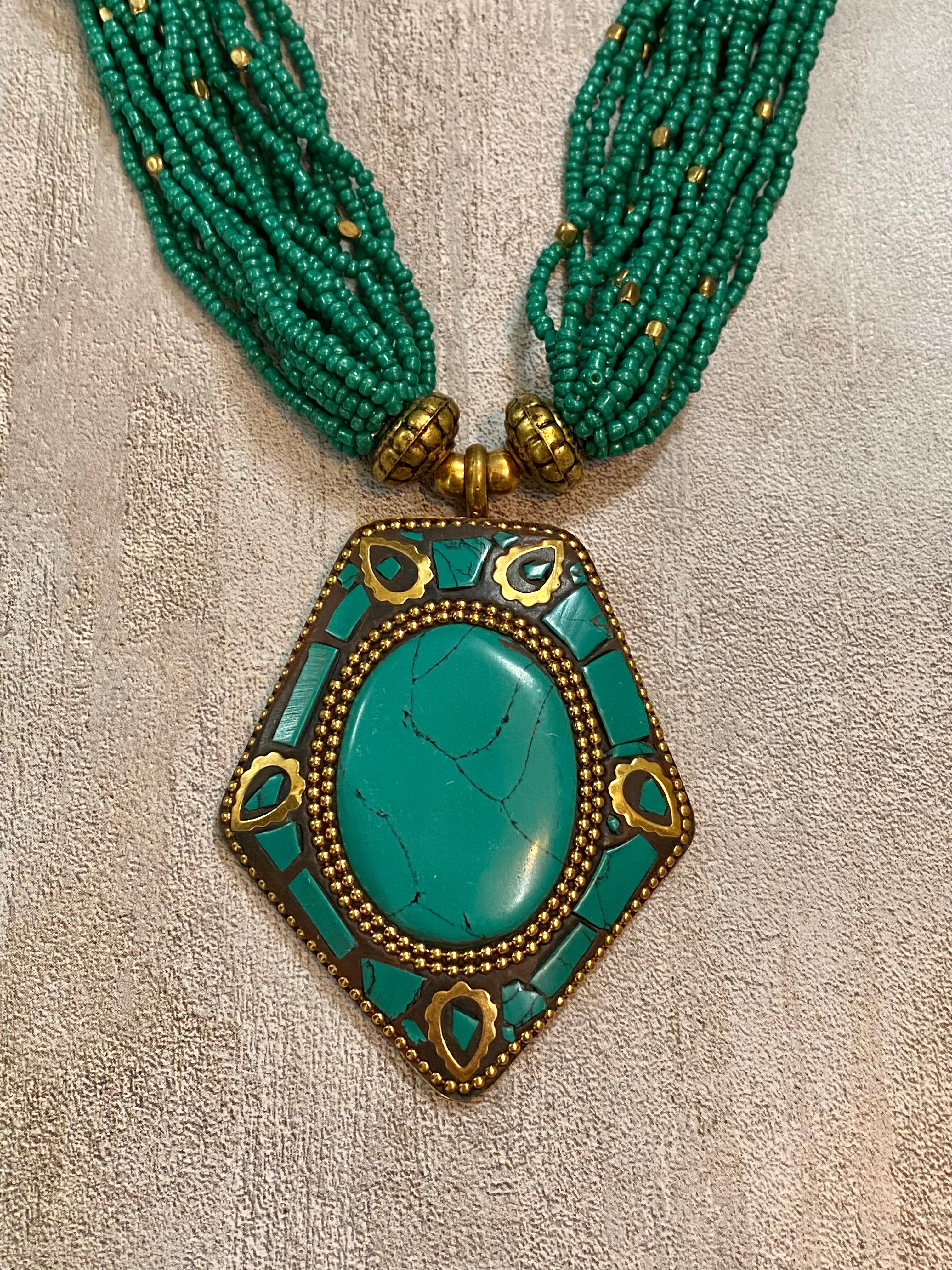 Gold Tone Bohemian Turquoise Colored Beaded Statement Necklace