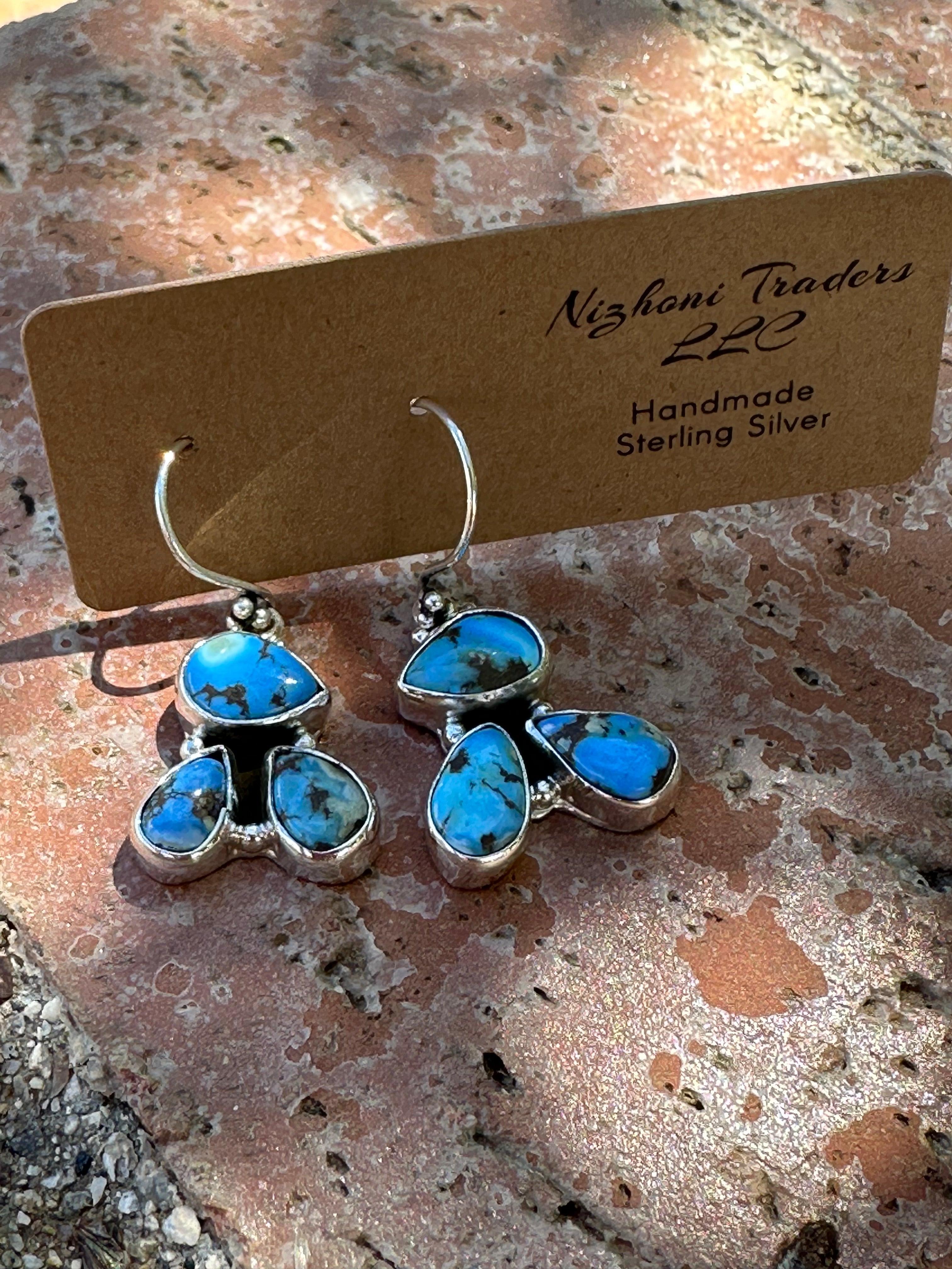 Handmade Golden Hills 3 Stone Turquoise and Sterling Silver Dangle Earrings