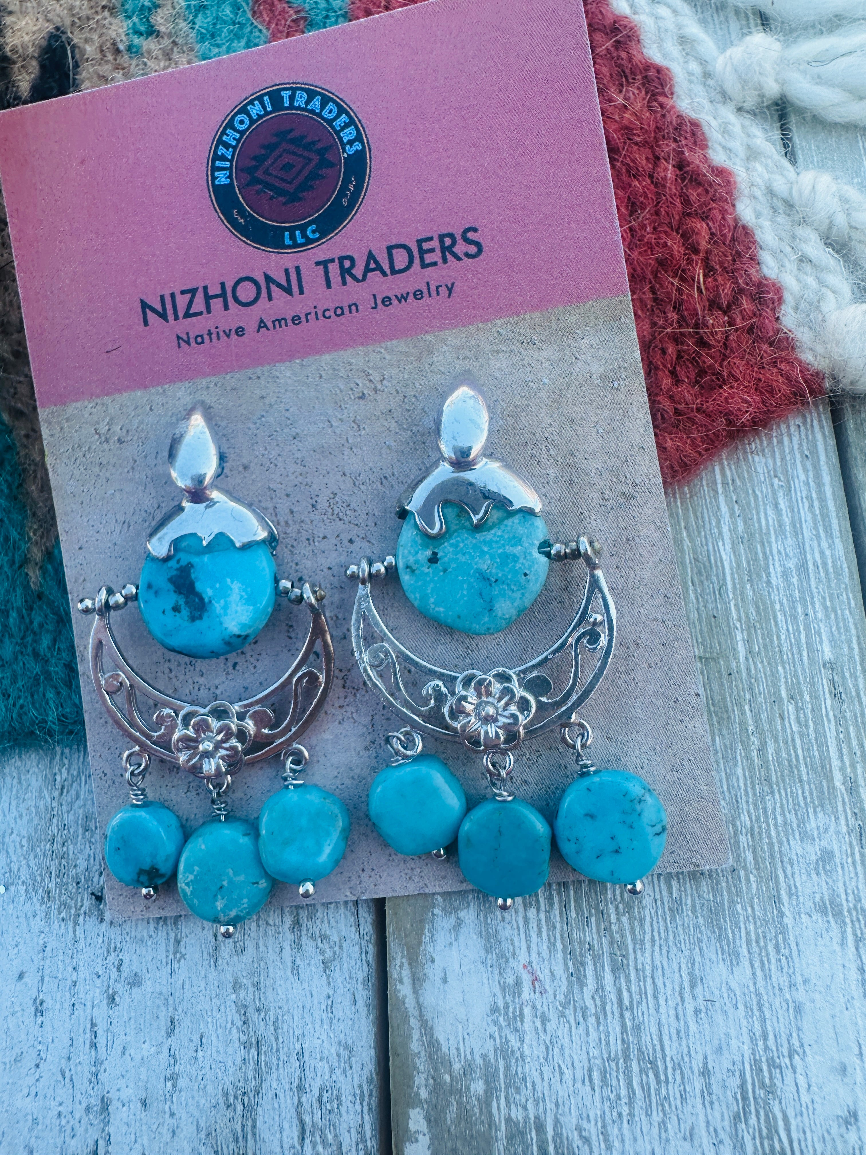Handcrafted Turquoise & Sterling Silver Flower Dangle Earrings