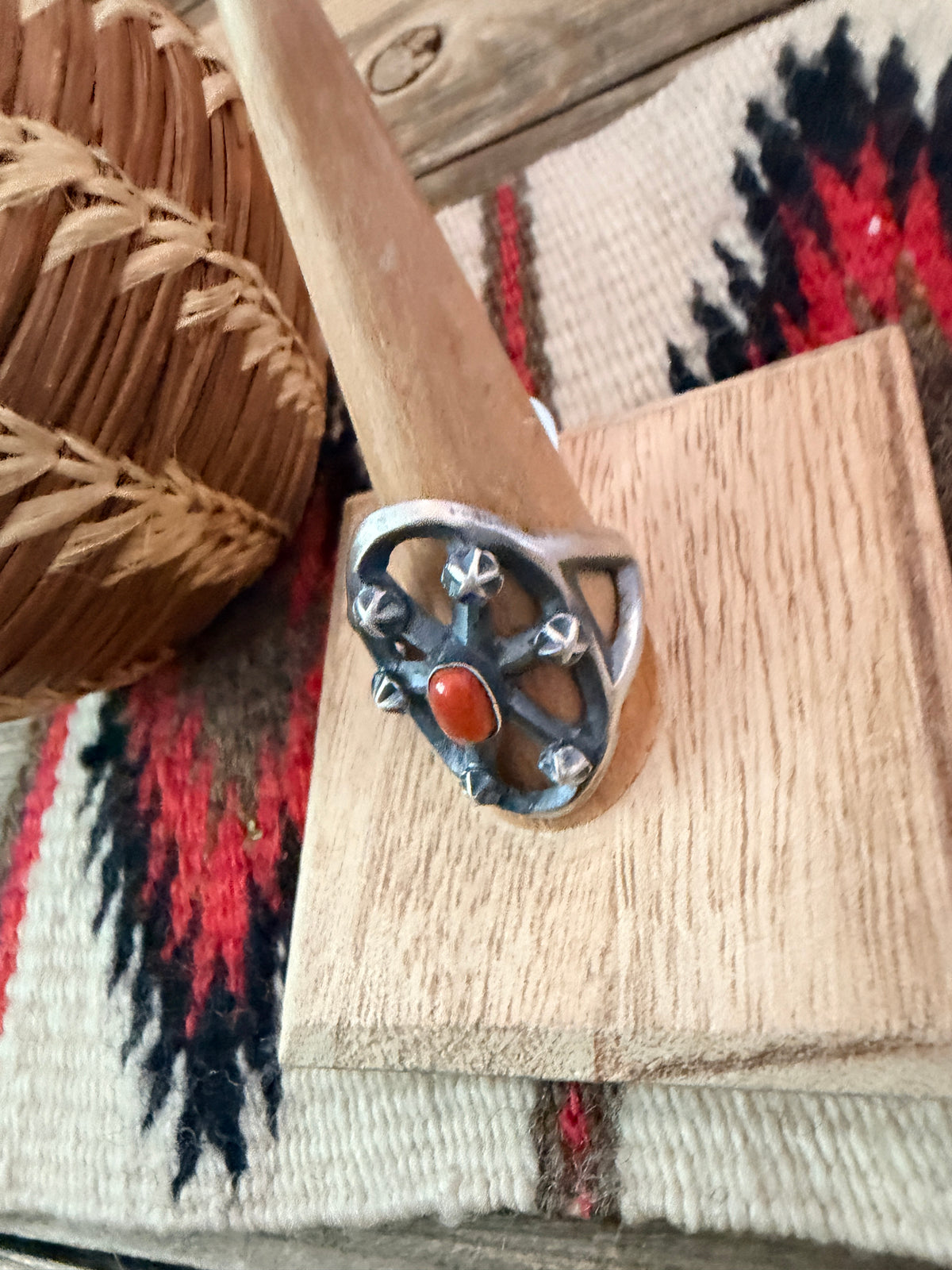 Handcrafted Coral and Sterling Silver Ring size 12 by Chimney Butte