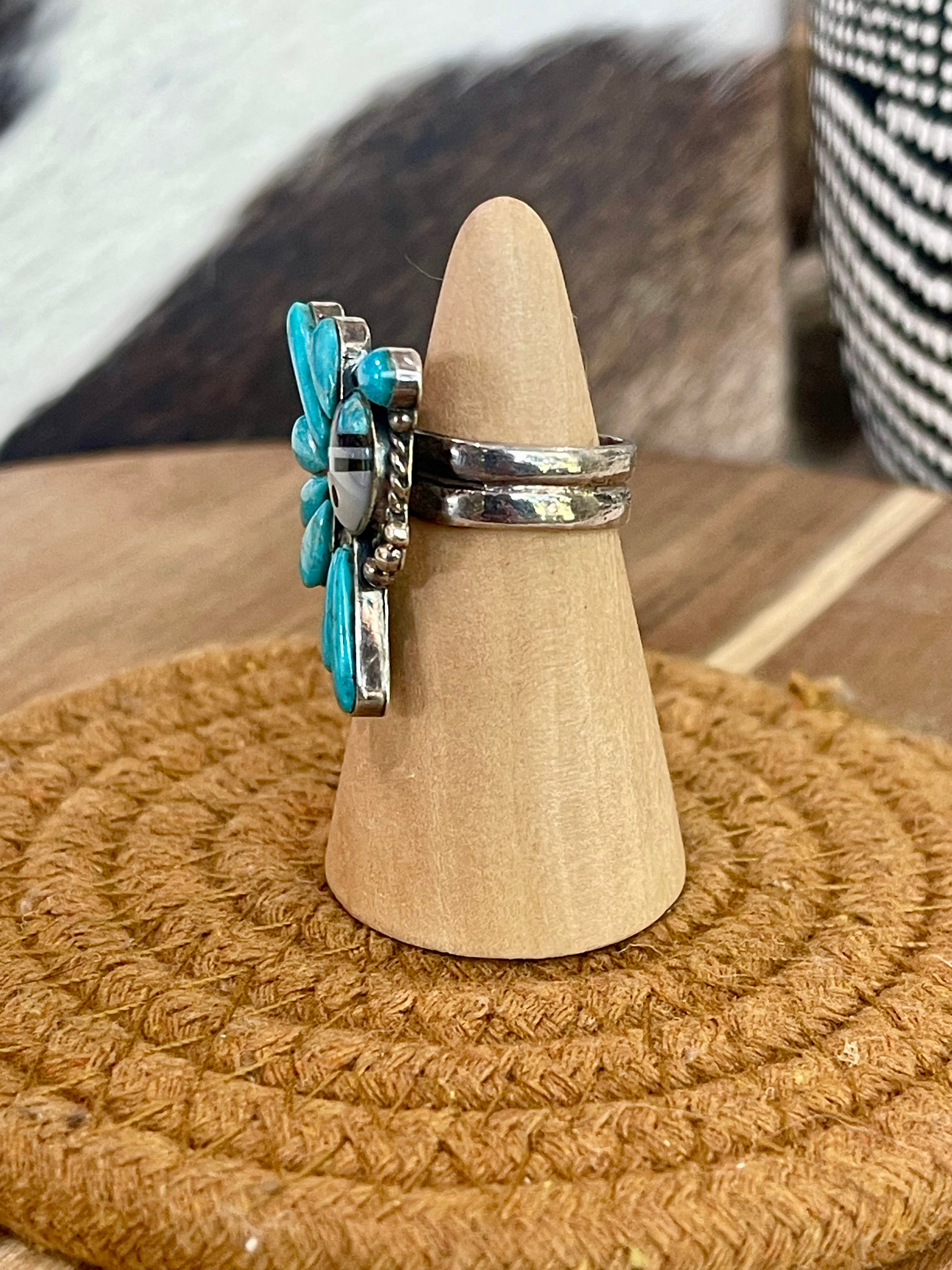 Handmade Sterling Silver, Turquoise & Multi Stone Sunface Adjustable Ring