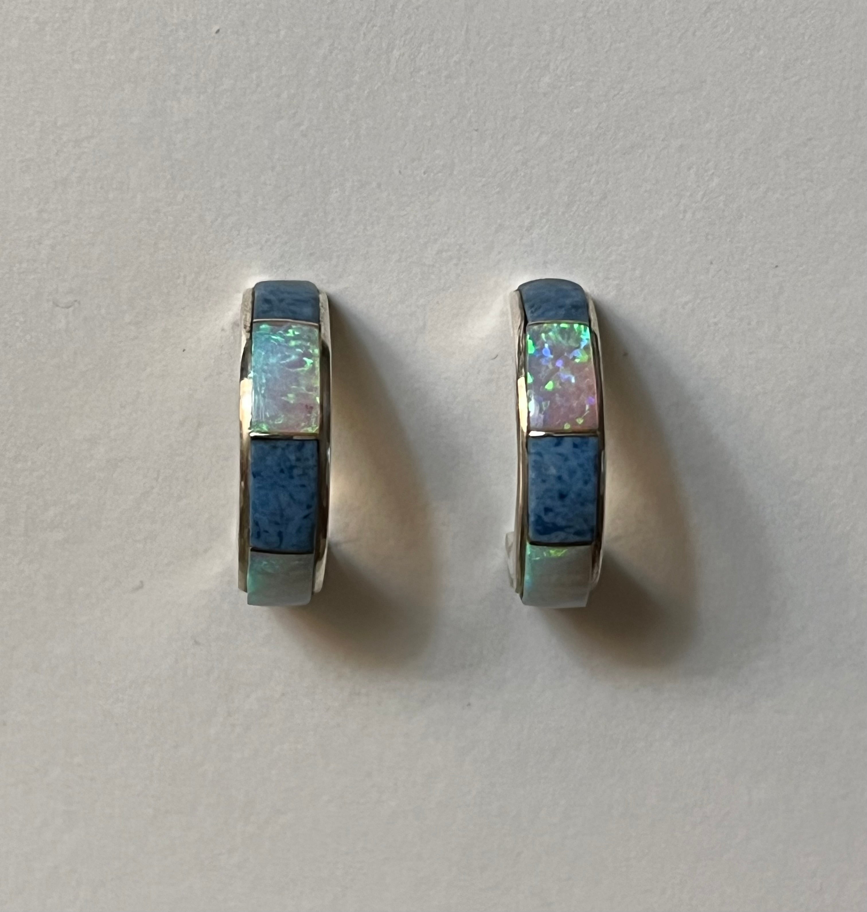 Handmade Sterling Silver With Blue, White, & Purple Opal Hoop Post Earrings