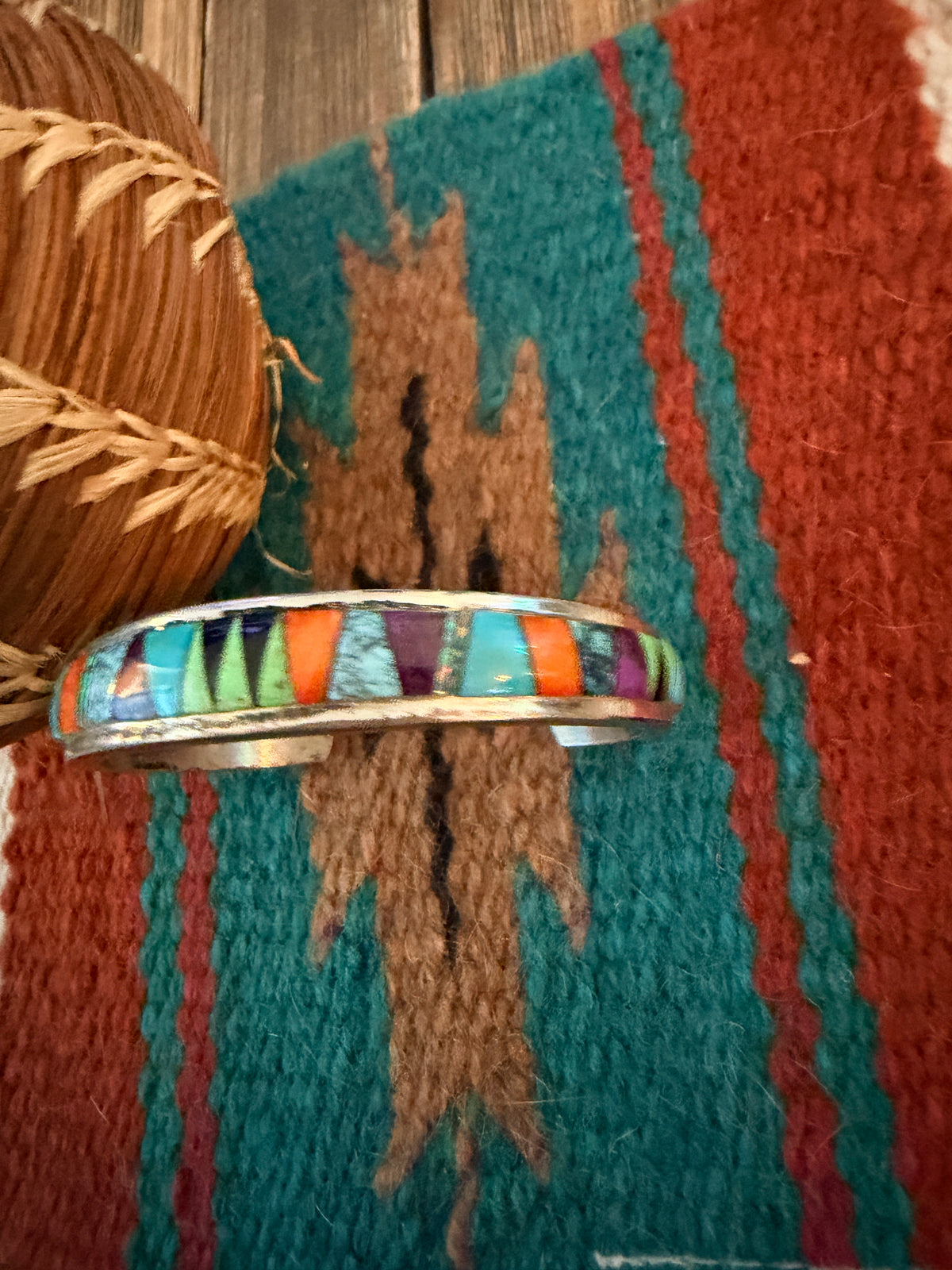 Handcrafted Old Pawn Sterling Silver & Multi Stone Inlay Cuff Bracelet