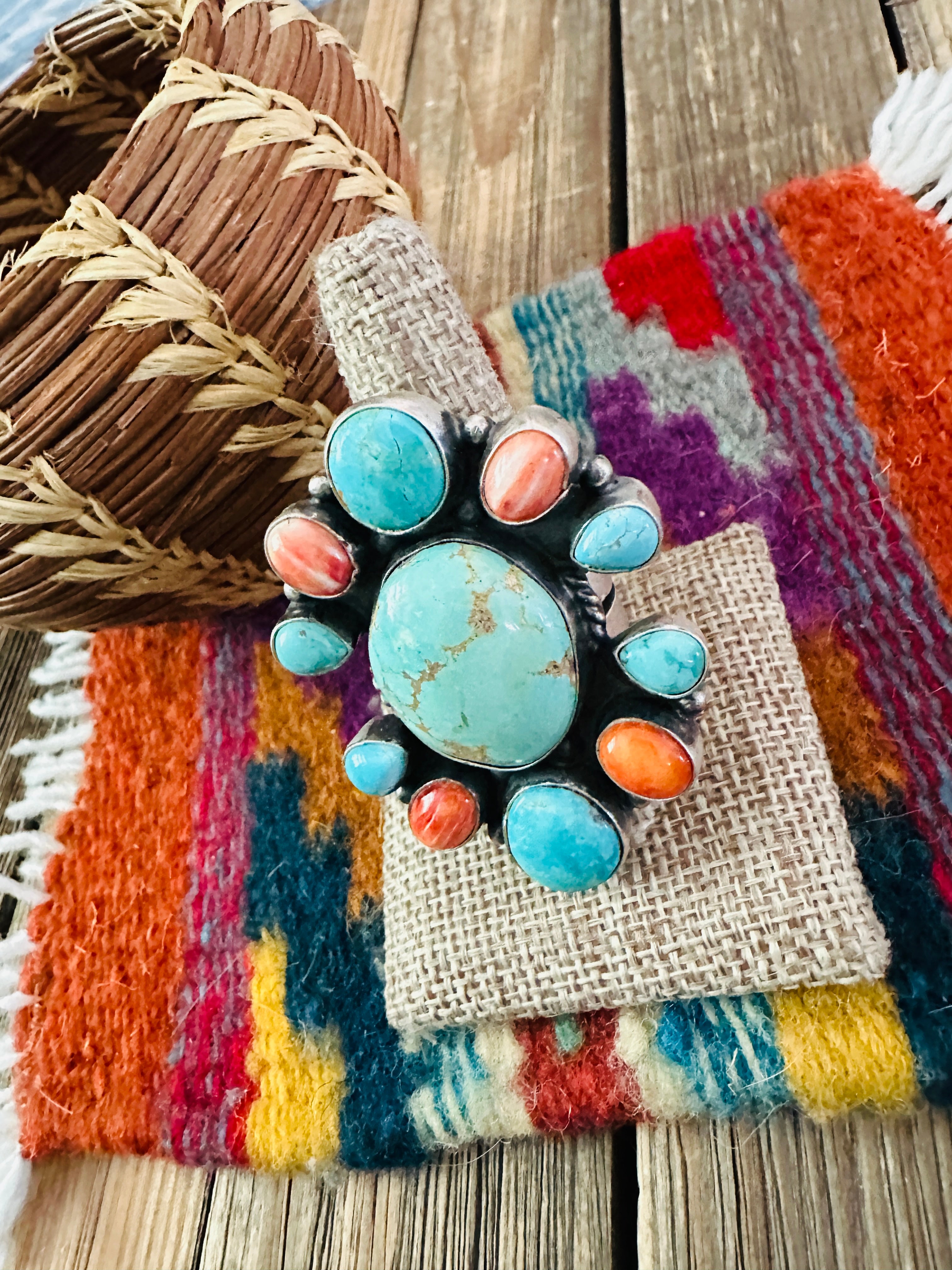 Handcrafted Spiny, Turquoise & Sterling Silver Cluster Ring Size 9.5 by Sheila Becenti