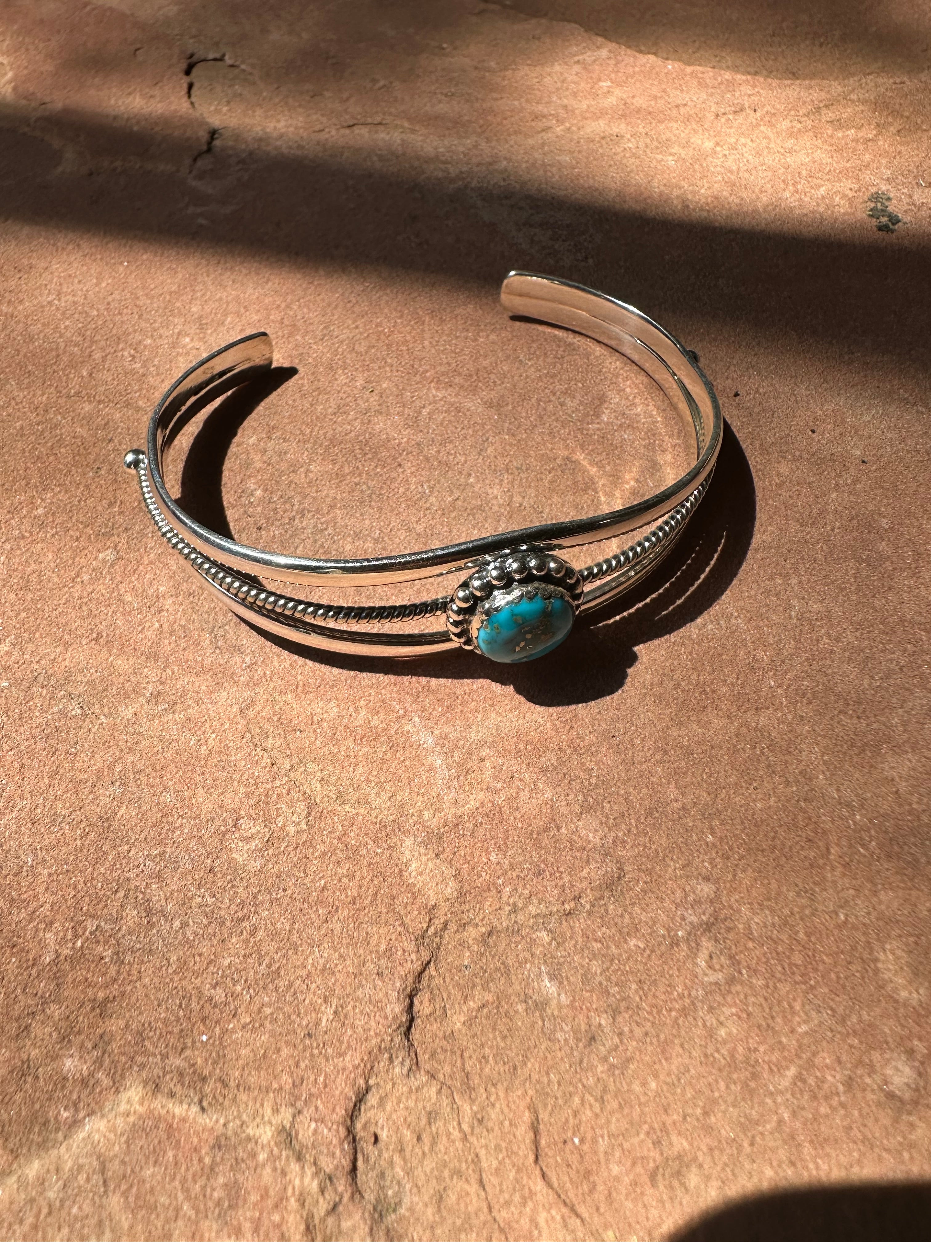 Handmade Sterling Silver & Single Stone Turquoise Adjustable Cuff Bracelet