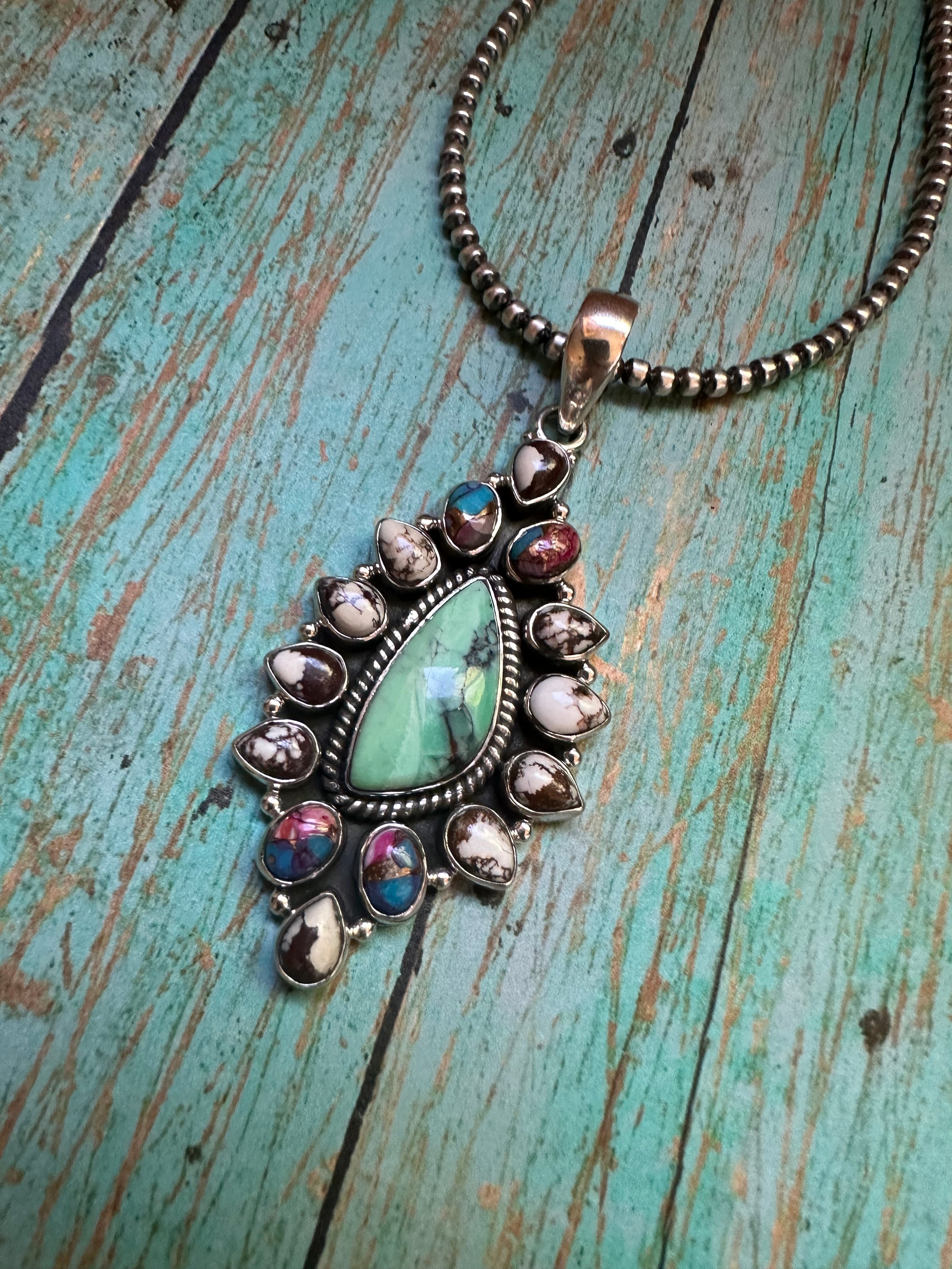 Handmade Sterling Silver, Wild Horse, Turquoise & Pink Dream Pendant