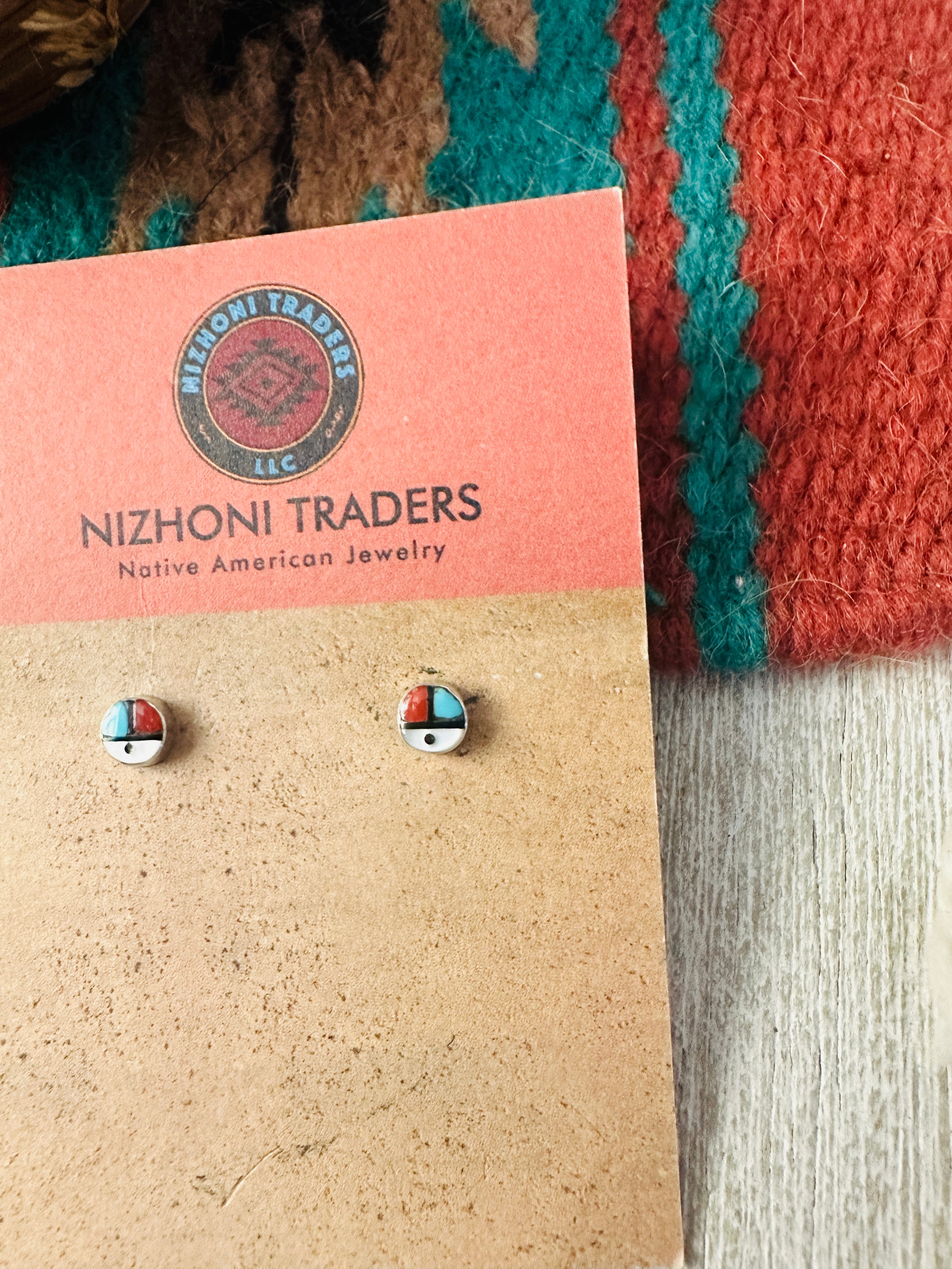 Zuni Sun Face Multi Stone & Sterling Silver Inlay Stud Earrings