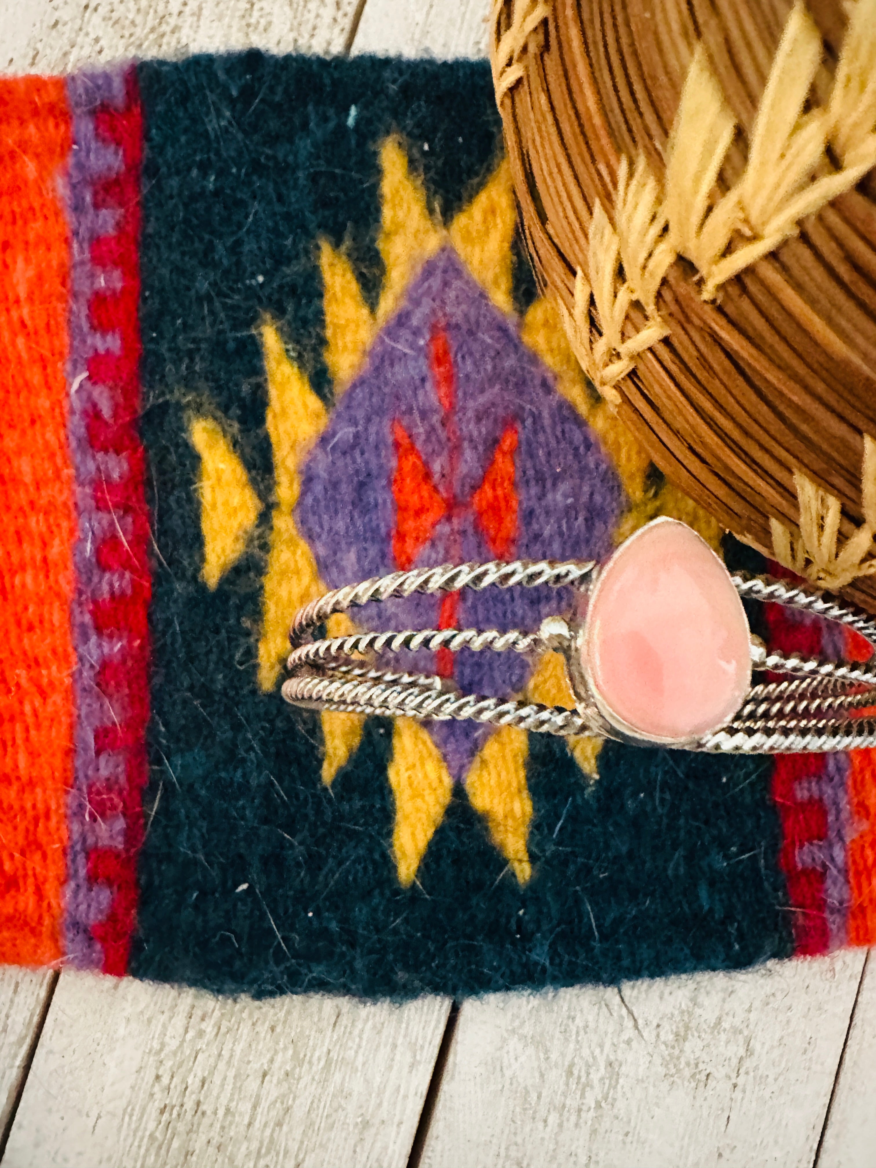 Navajo Queen Pink Conch Shell & Sterling Silver Cuff Bracelet