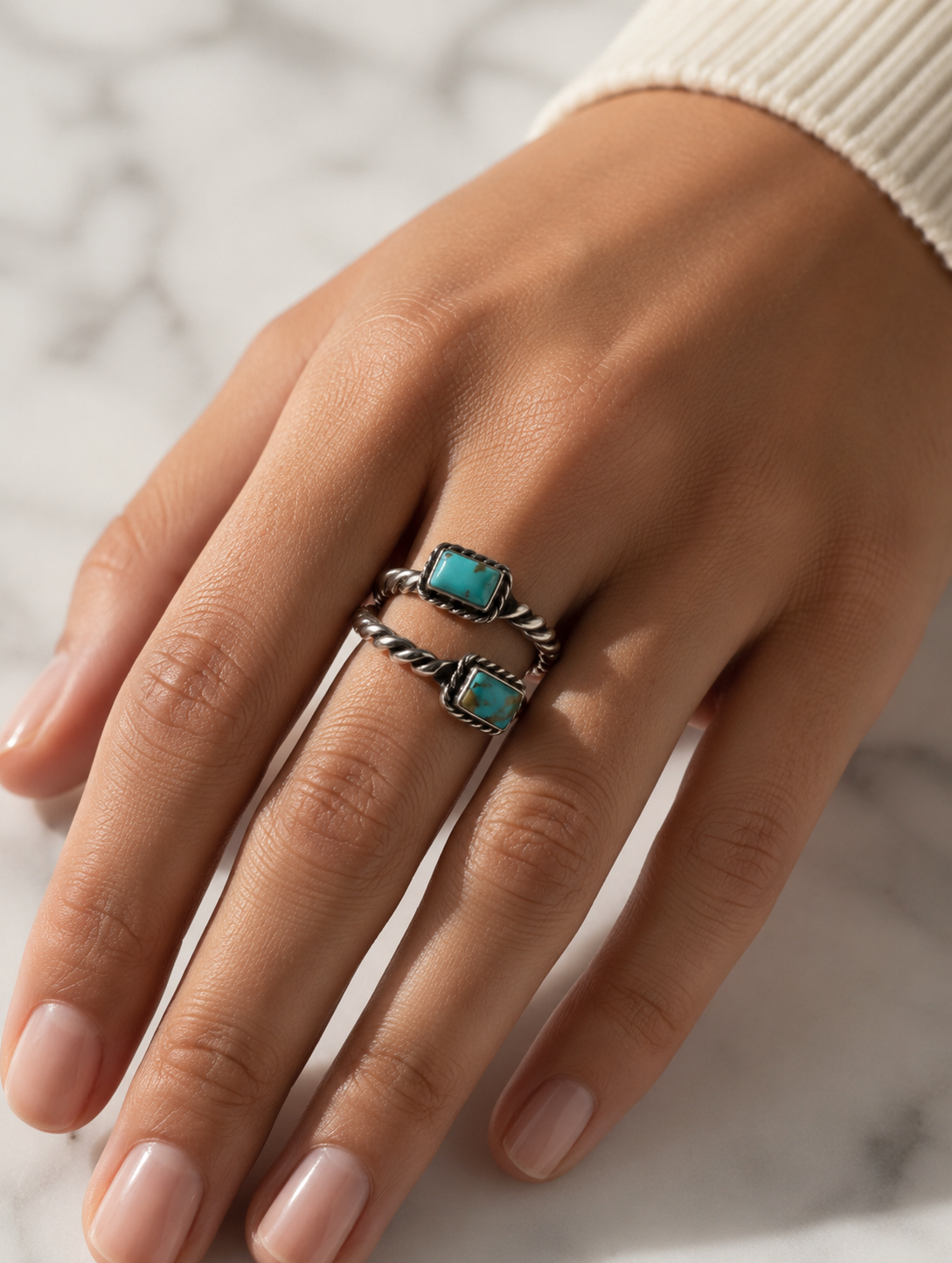 Turquoise Two Stone Sterling Silver Adjustable Ring