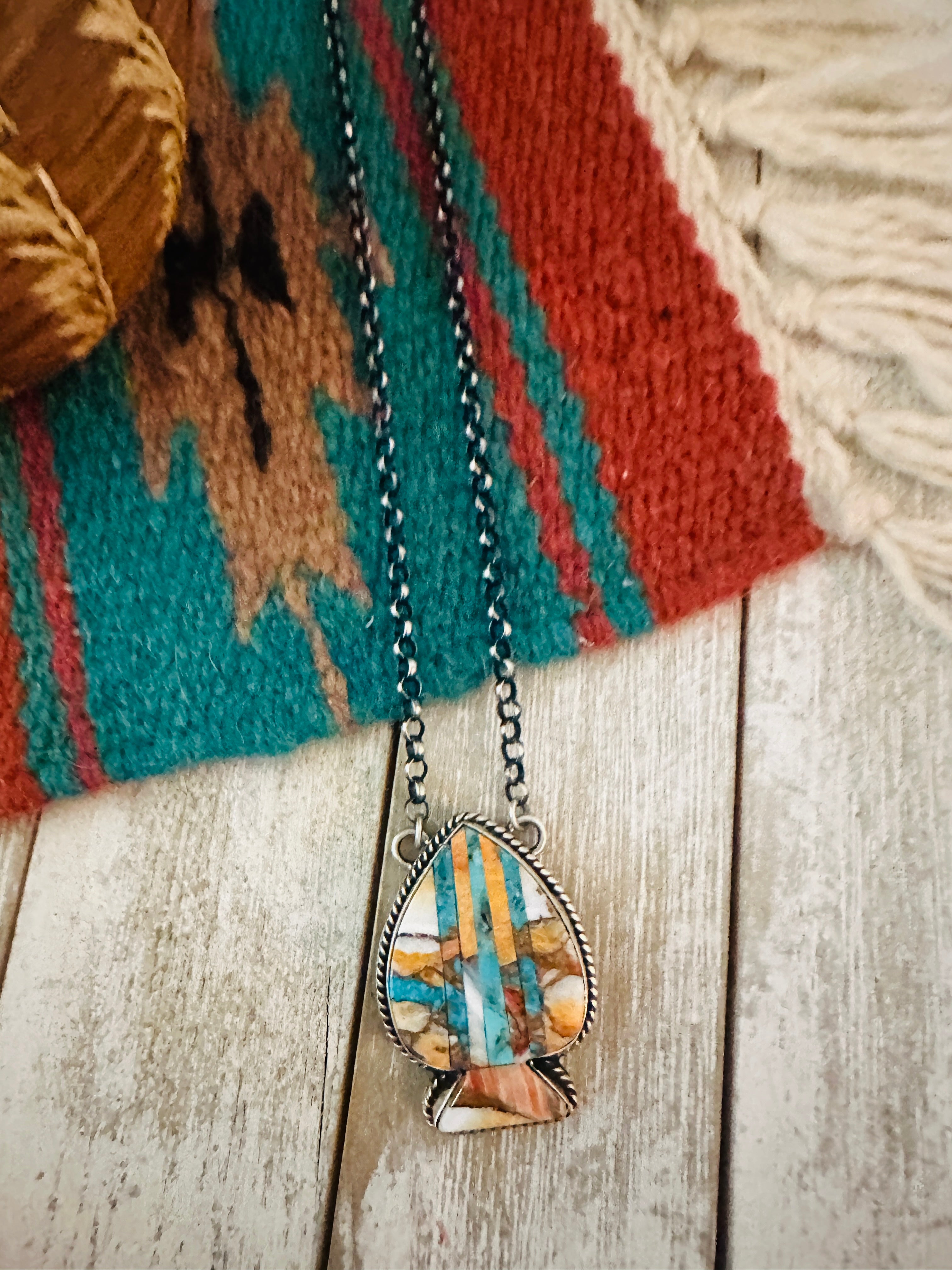 Navajo Sterling Silver & Multi Stone Inlay Spade Necklace