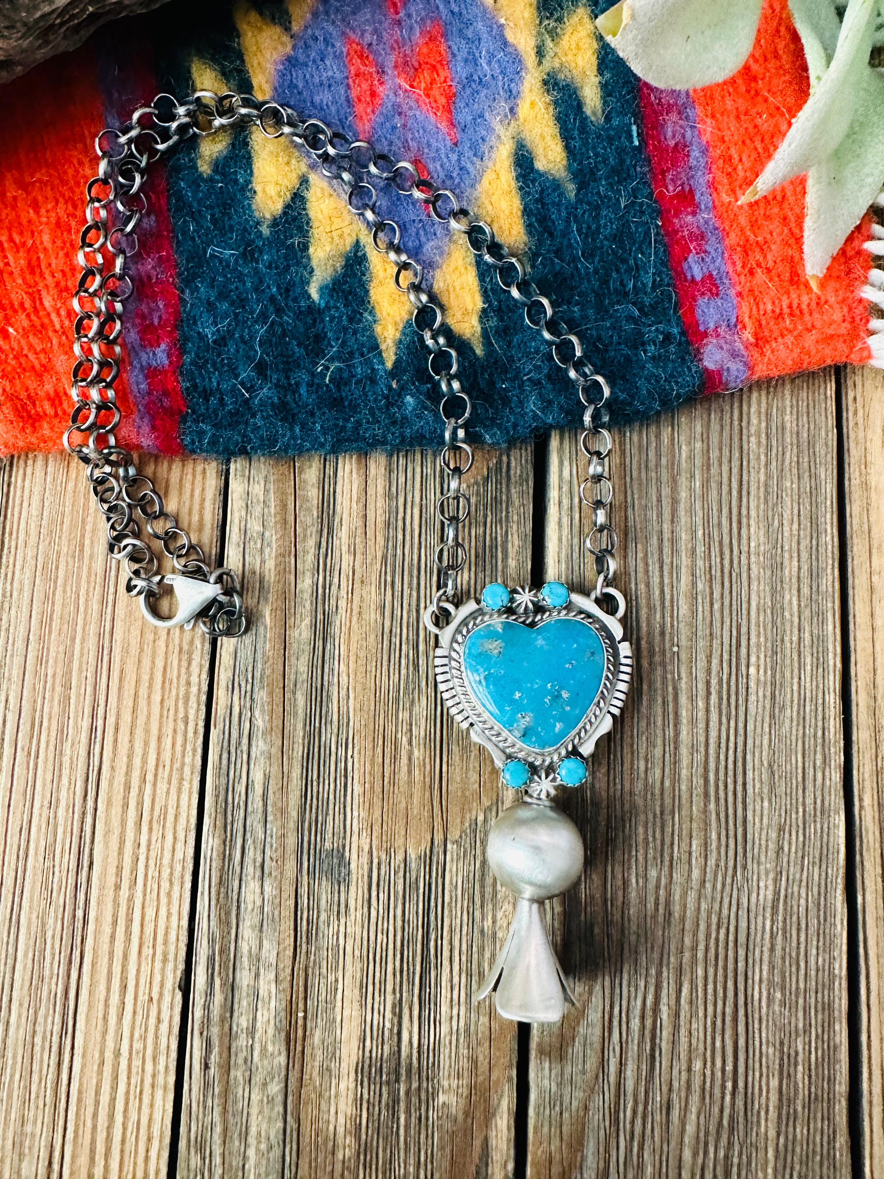 Navajo Sterling Silver & Turquoise Heart Blossom Necklace by Thomas Francisco