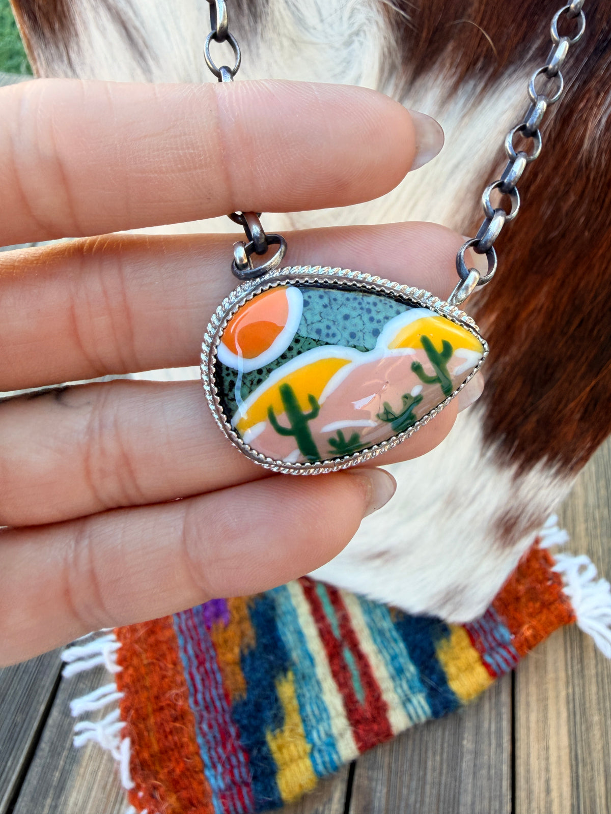 Handmade Sterling Silver & Jasper Painted Cactus Necklace