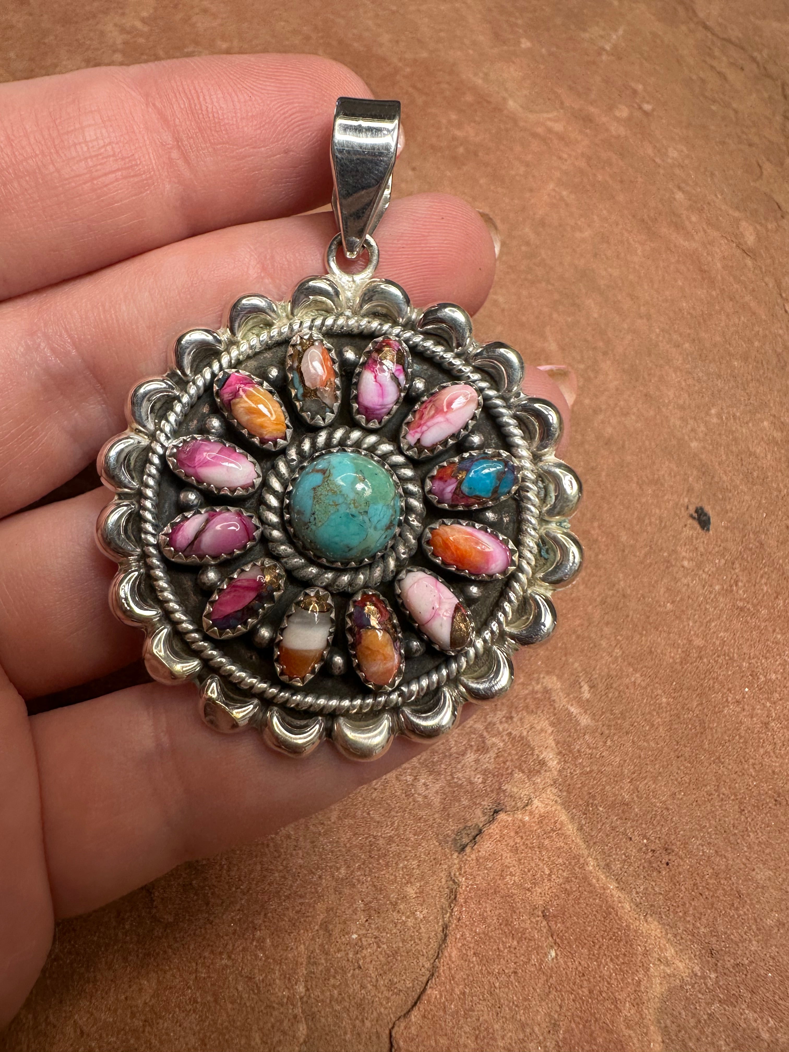 Beautiful Handmade Sterling Silver, Pink Dream Mojave & Turquoise Cluster Pendant