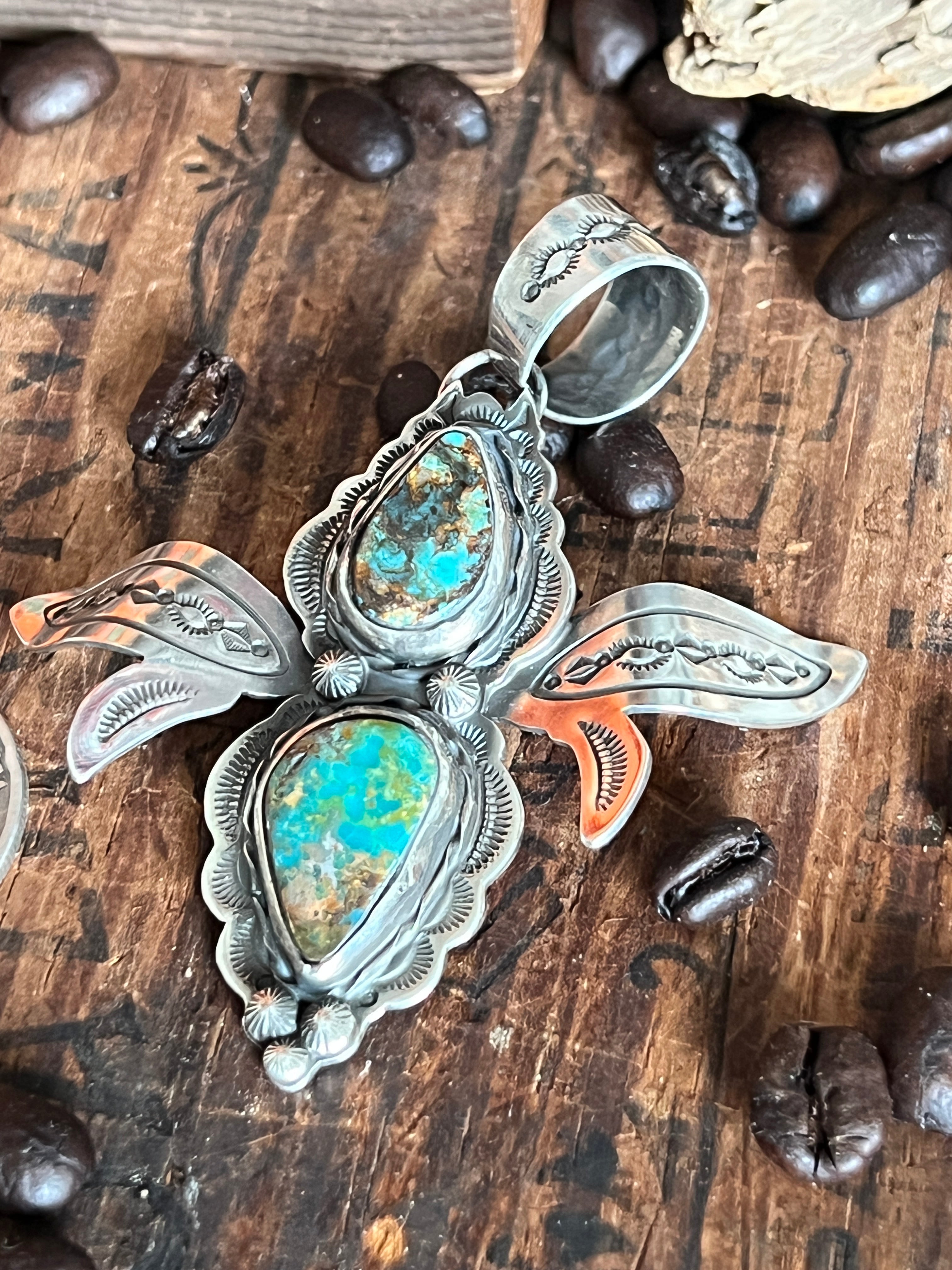 Kimari Somers Hand Stamped Sterling Silver and Turquoise Winged Bug Pendant