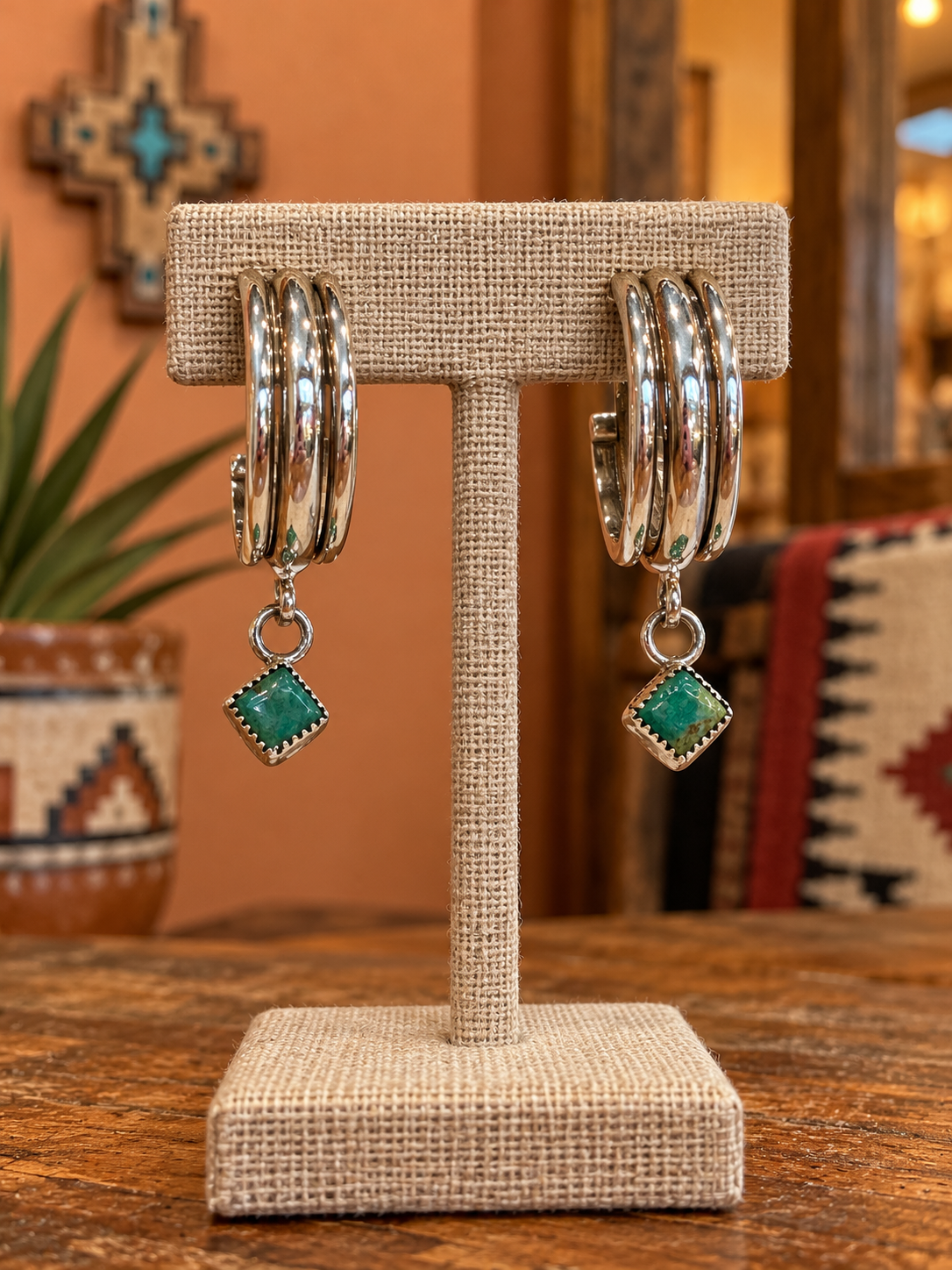 Handcrafted Sterling Silver Hoop Earrings With Turquoise Charm