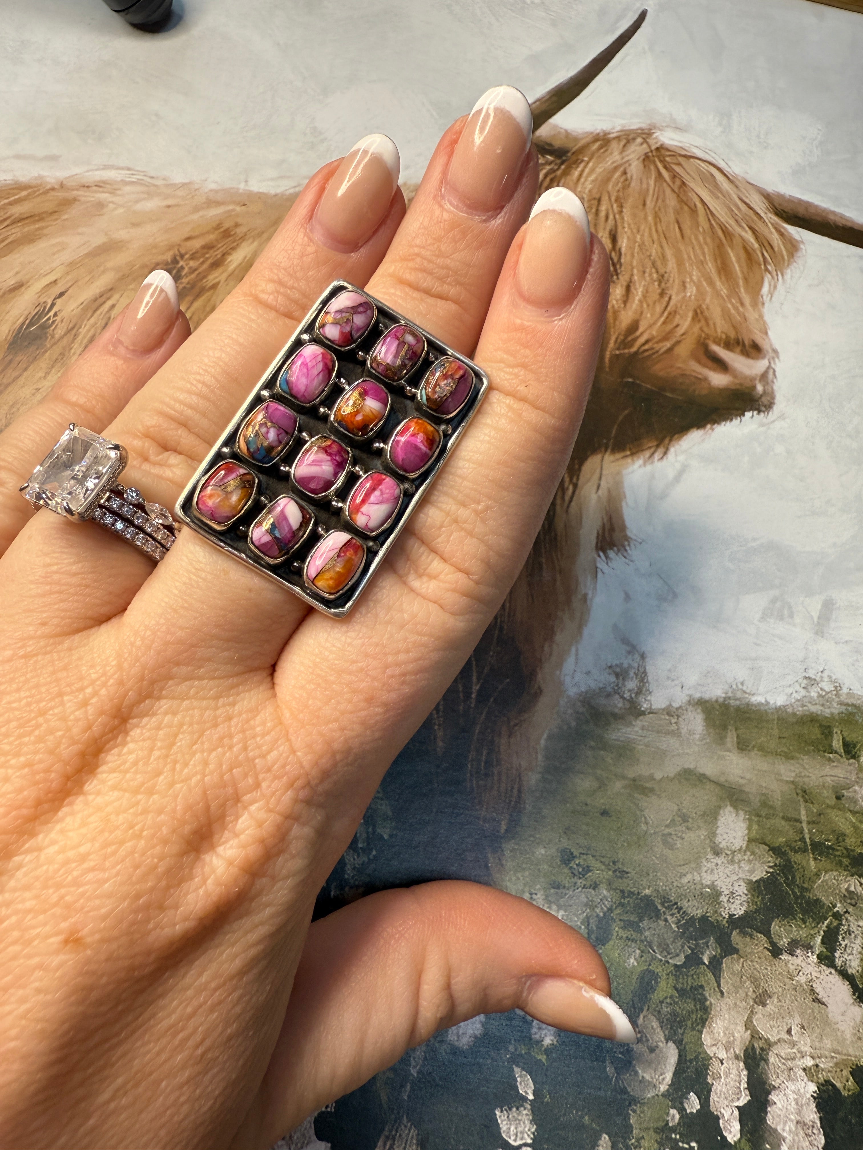 Handmade Pink Dream Mojave And Sterling Silver Adjustable 12 Stone Ring