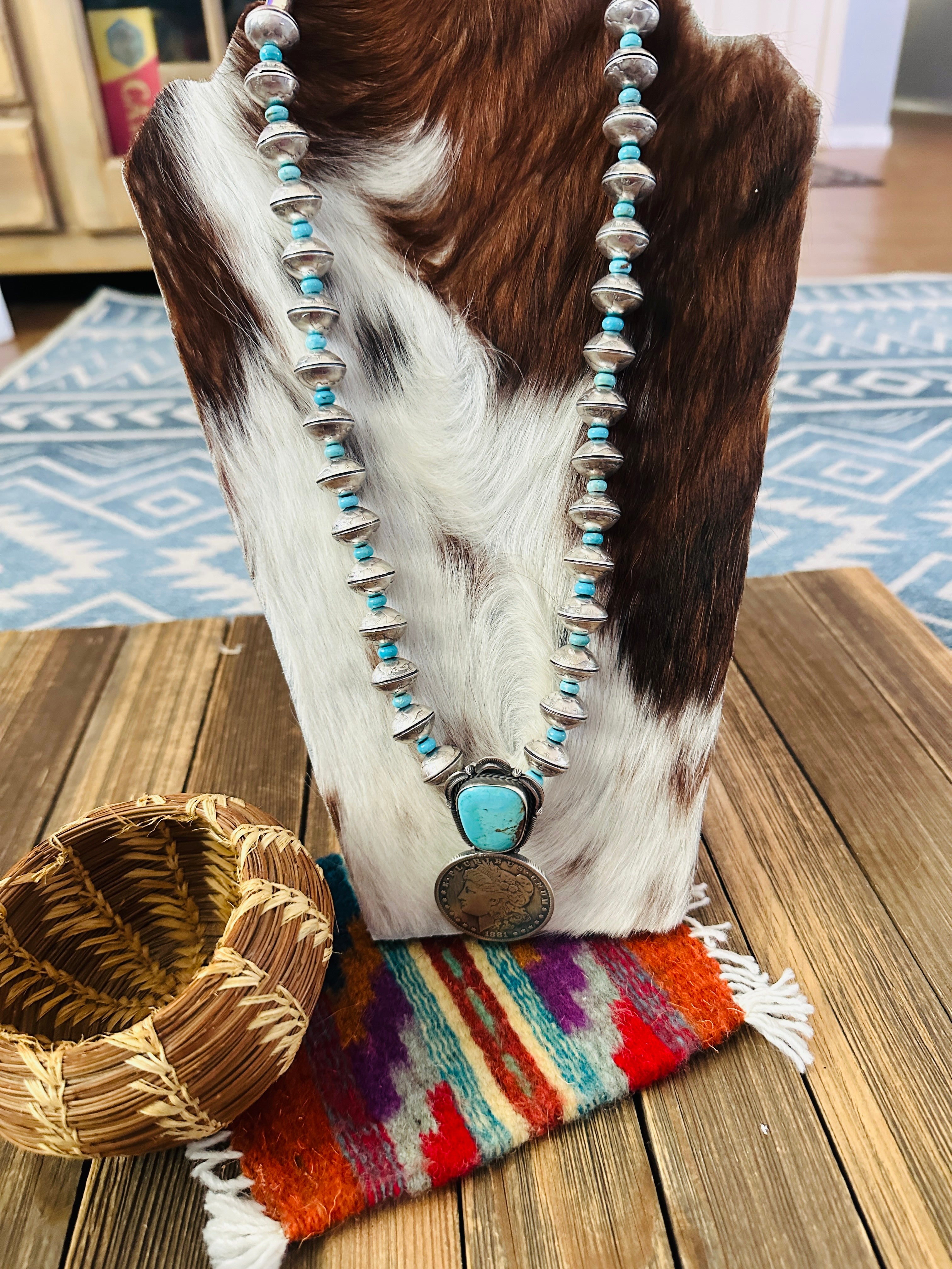 Handcrafted Turquoise & Sterling Silver Liberty Coin Beaded Necklace by James McCabe