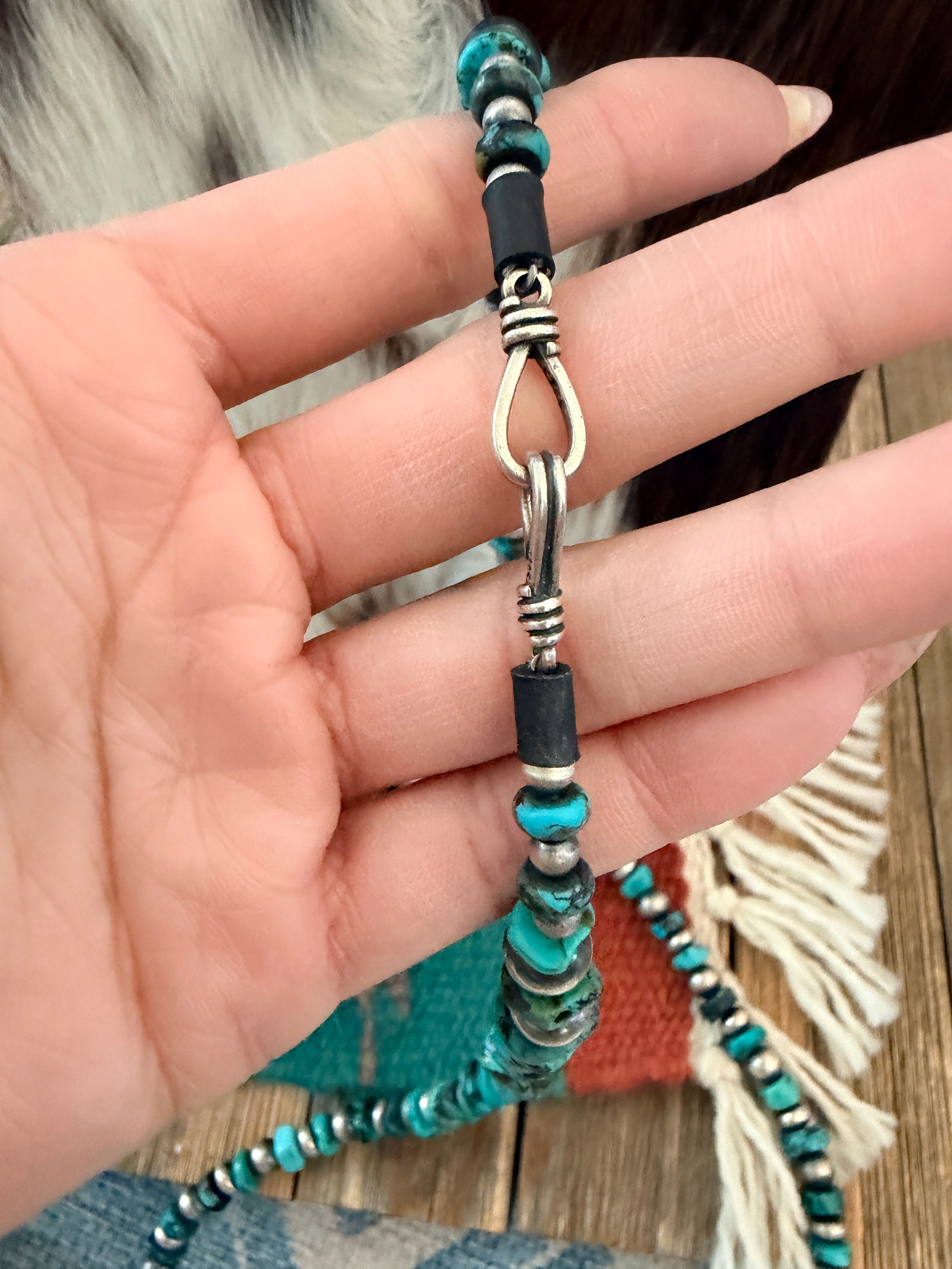 Handcrafted Turquoise & Sterling Silver Pearl 32" Beaded Necklace