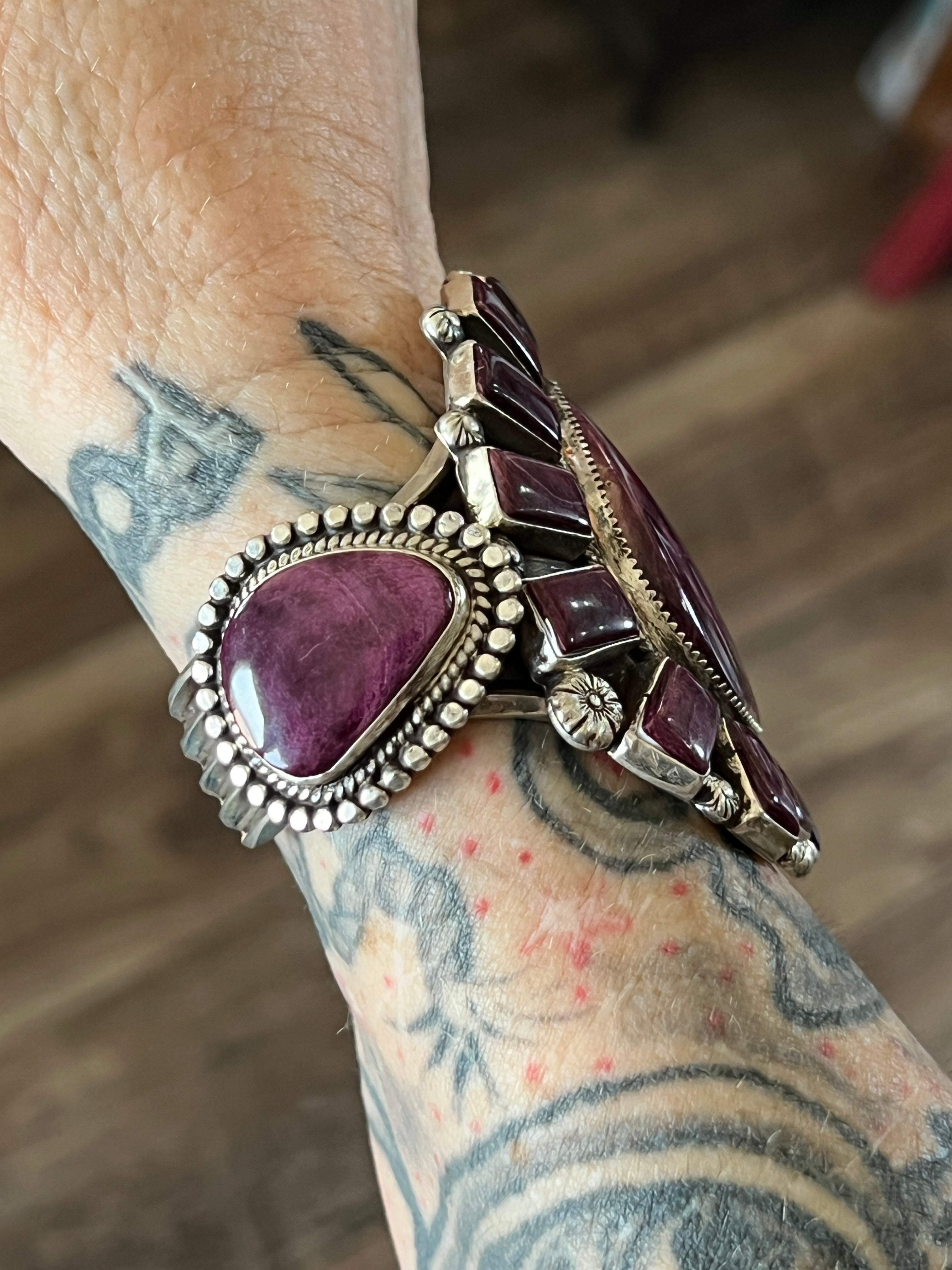 Handcrafted Sterling Silver and Purple Spiny Oyster Shell Cuff Bracelet by Tyler Brown /