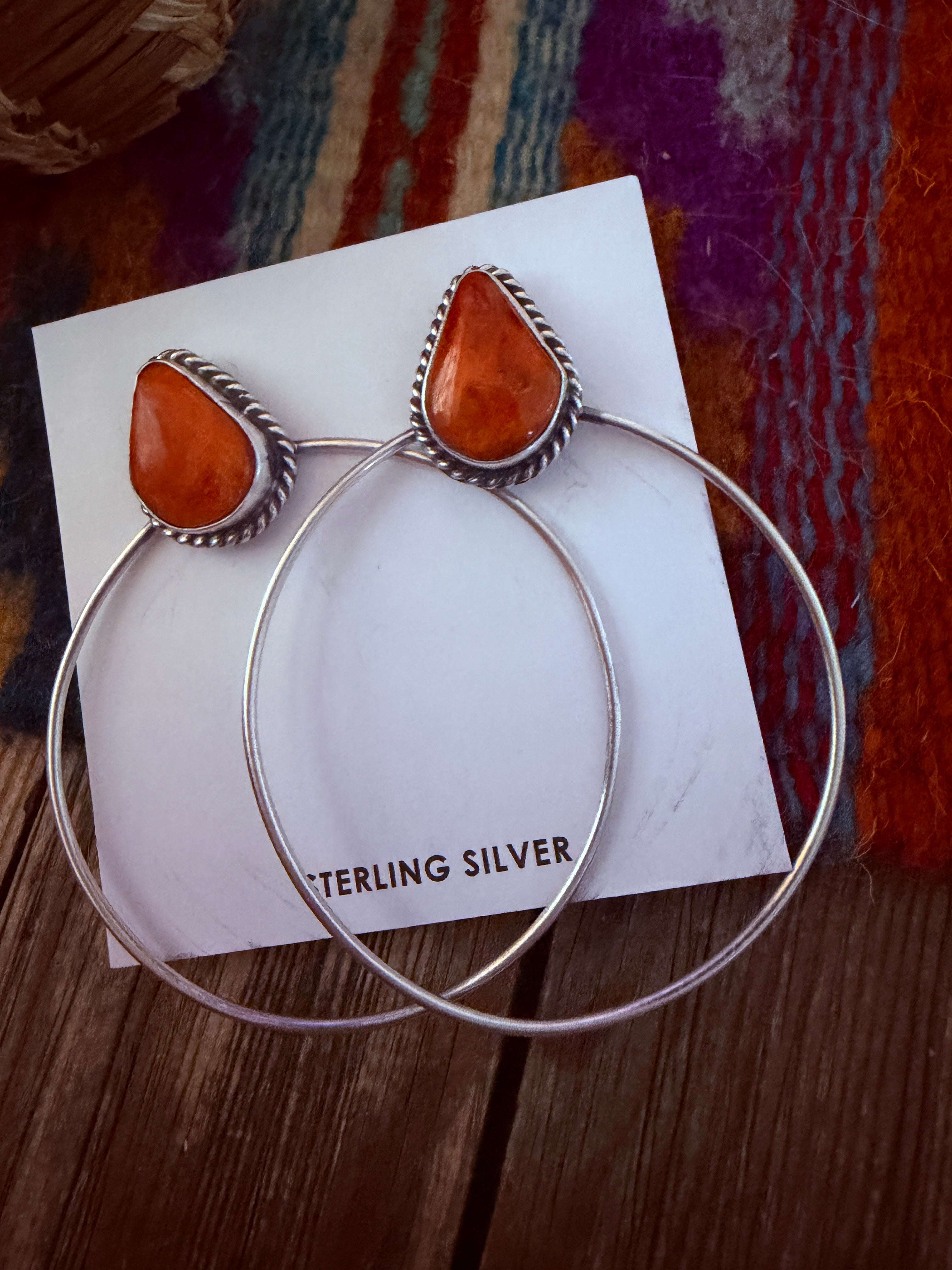 Handcrafted Orange Spiny and Sterling Silver Dangle Hoop Earrings by Elouise Kee