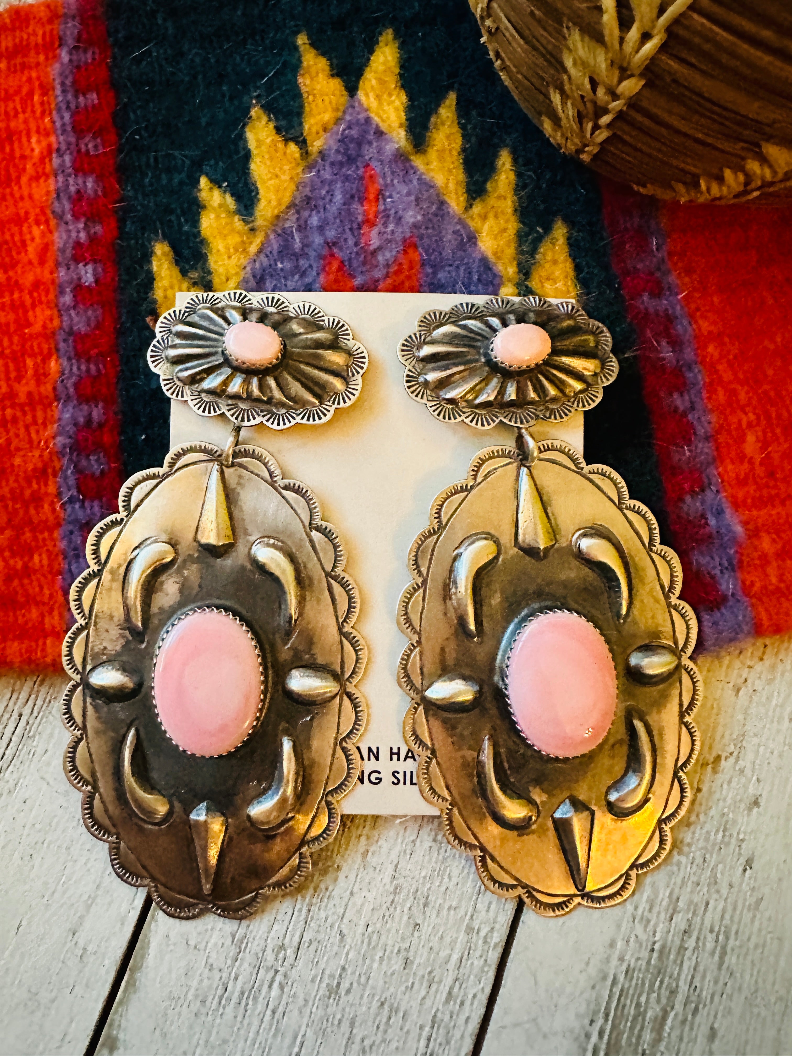 Navajo Queen Pink Conch & Sterling Silver Concho Dangle Earrings