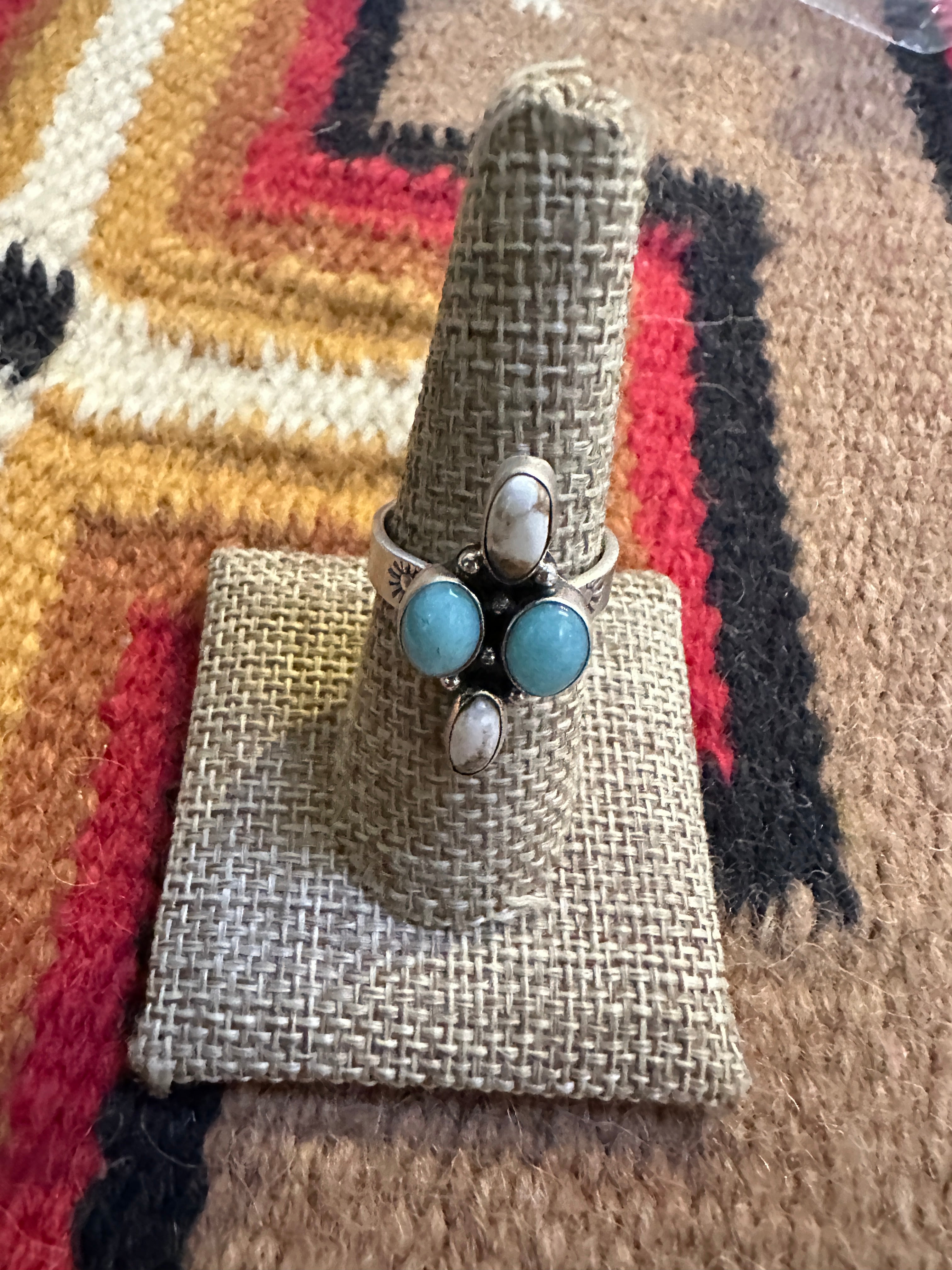 Handmade Wild Horse, Larimar & Sterling Silver Adjustable 4 Stone Ring Signed Nizhoni