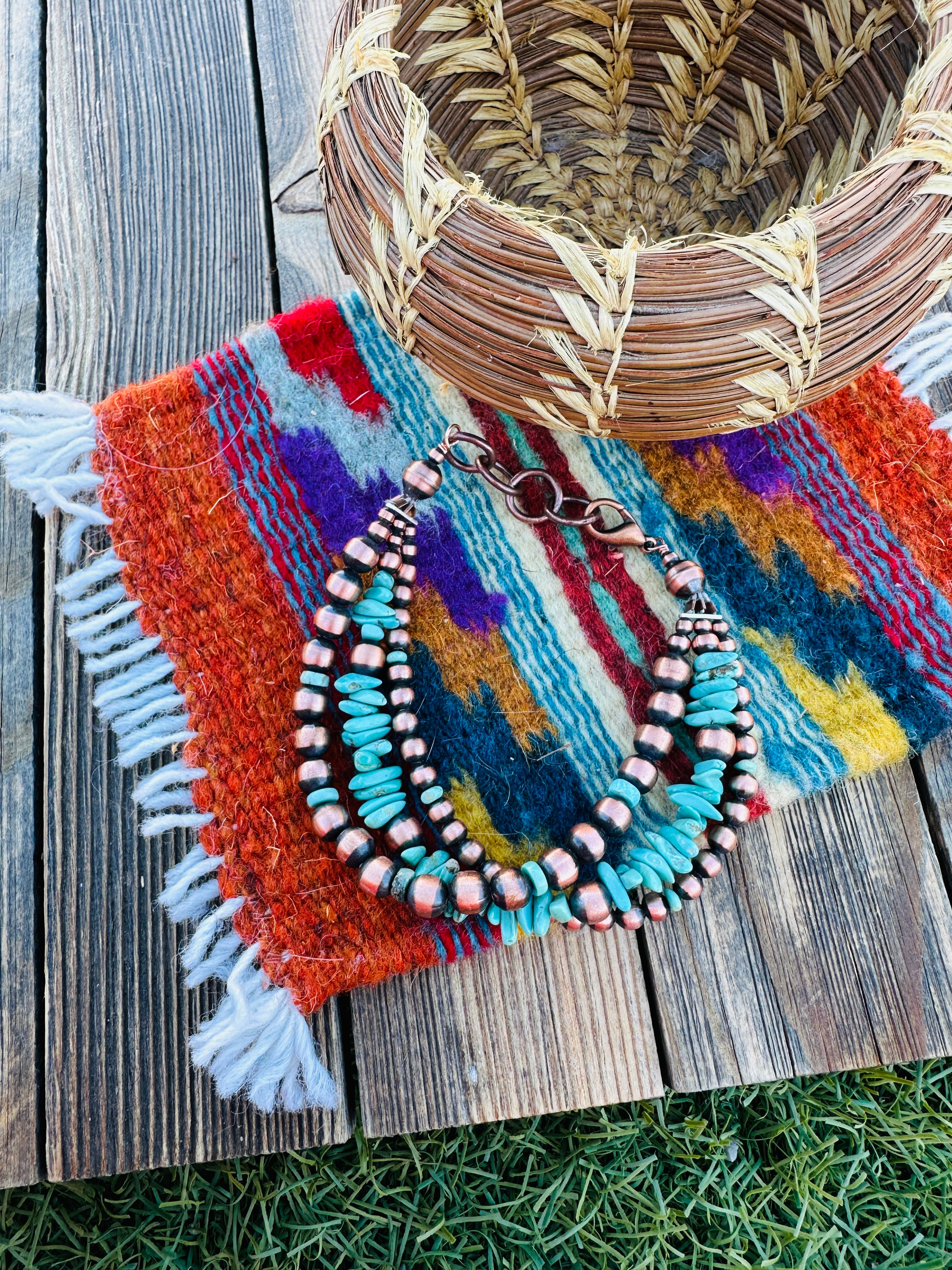 Handcrafted Turquoise & Copper Triple Strand Beaded Bracelet