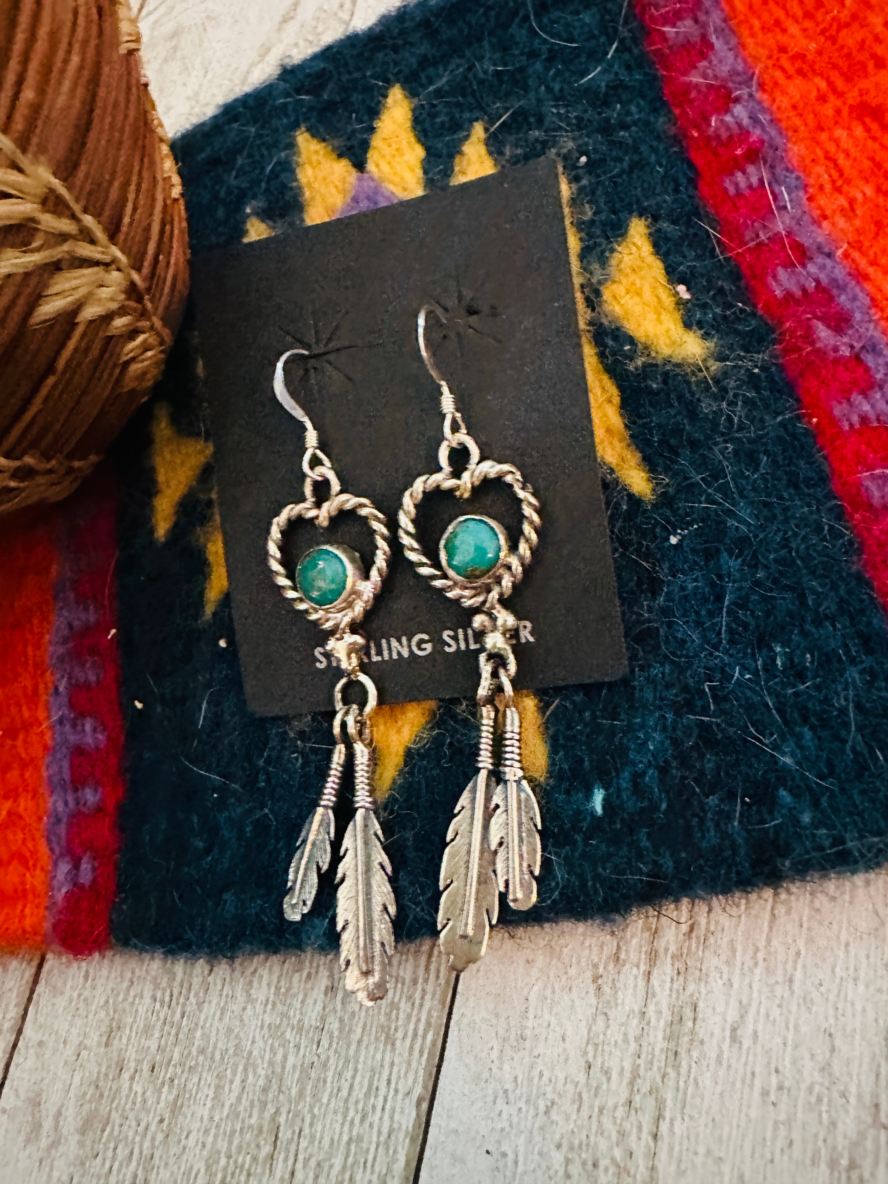 Navajo Turquoise & Sterling Silver Heart Feather Dangle Earrings