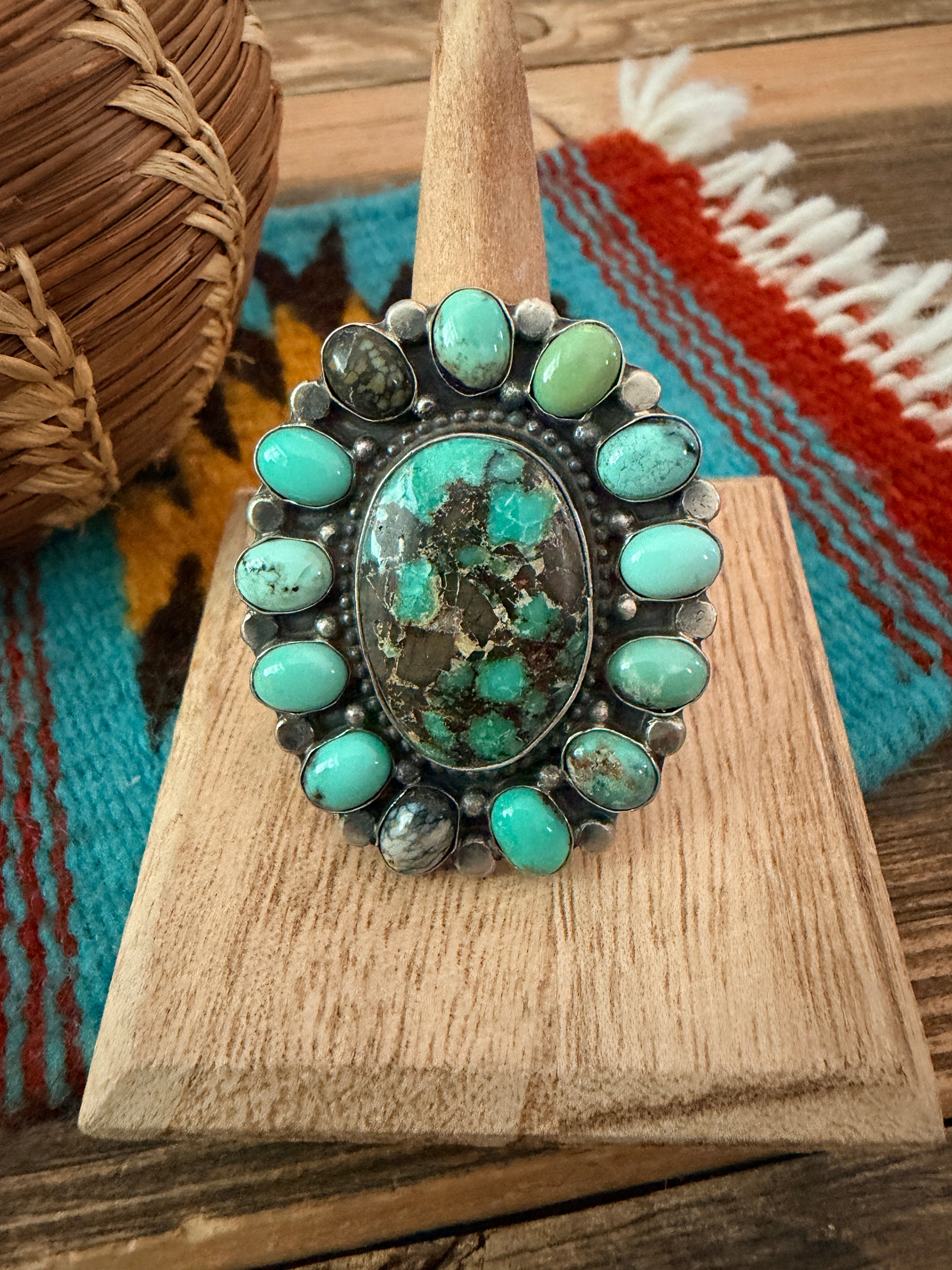 Handcrafted Multi Turquoise & Sterling Silver Cluster Ring by Sheila Becenti Size 8.25