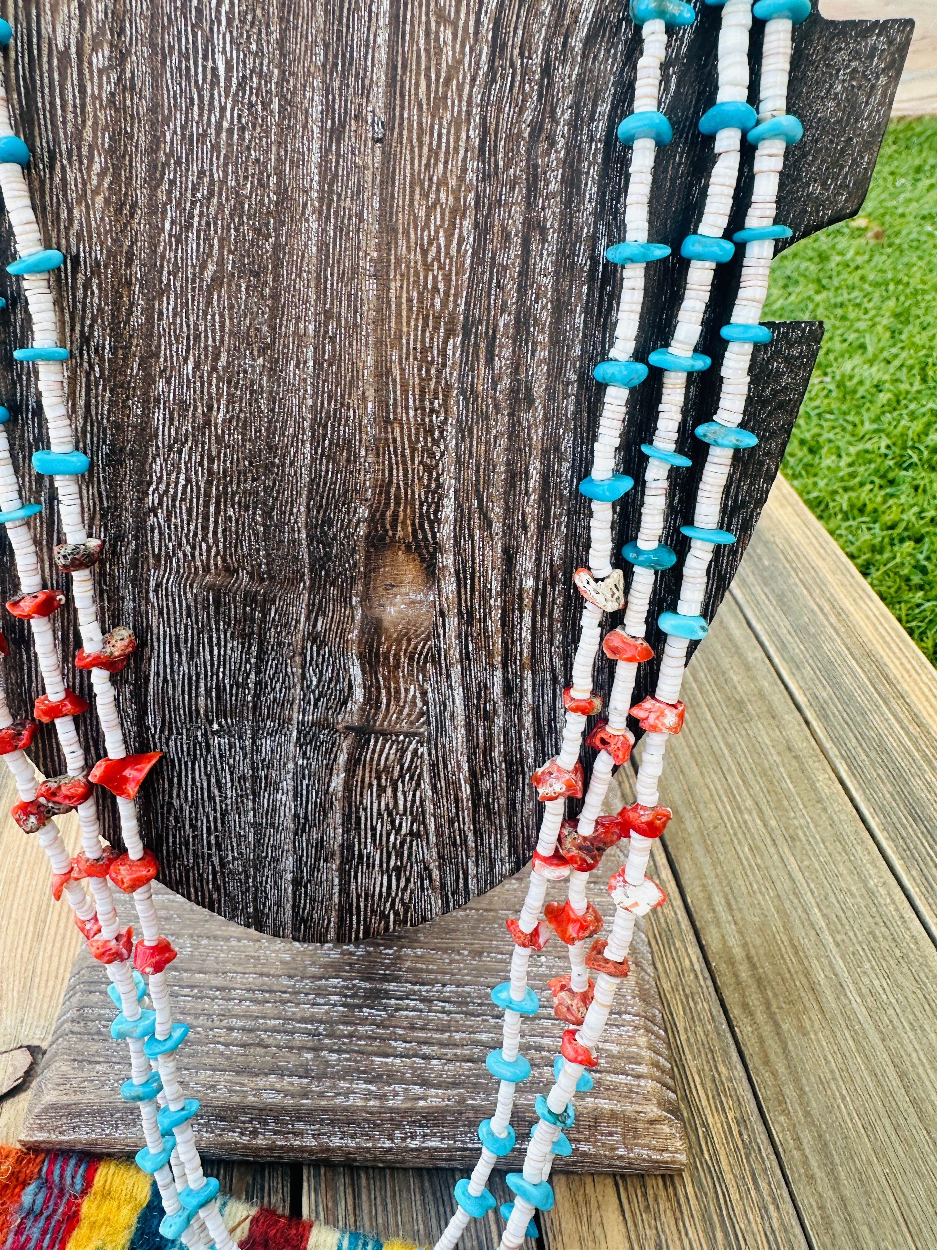 Old Pawn Handcrafted Turquoise, Coral & Heishi  Beaded 36” Necklace