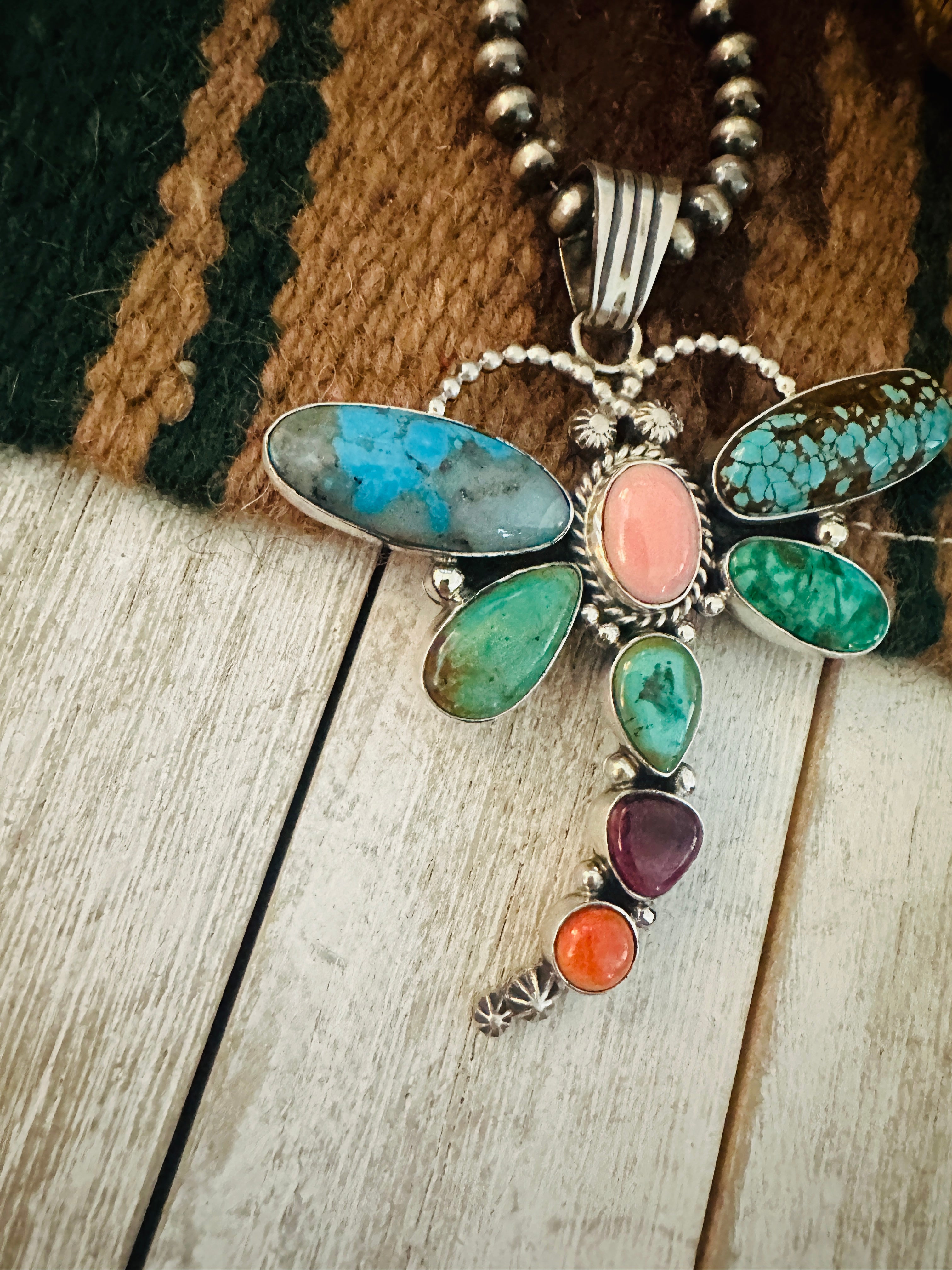 Navajo Multi Stone & Sterling Silver Dragonfly Pendant