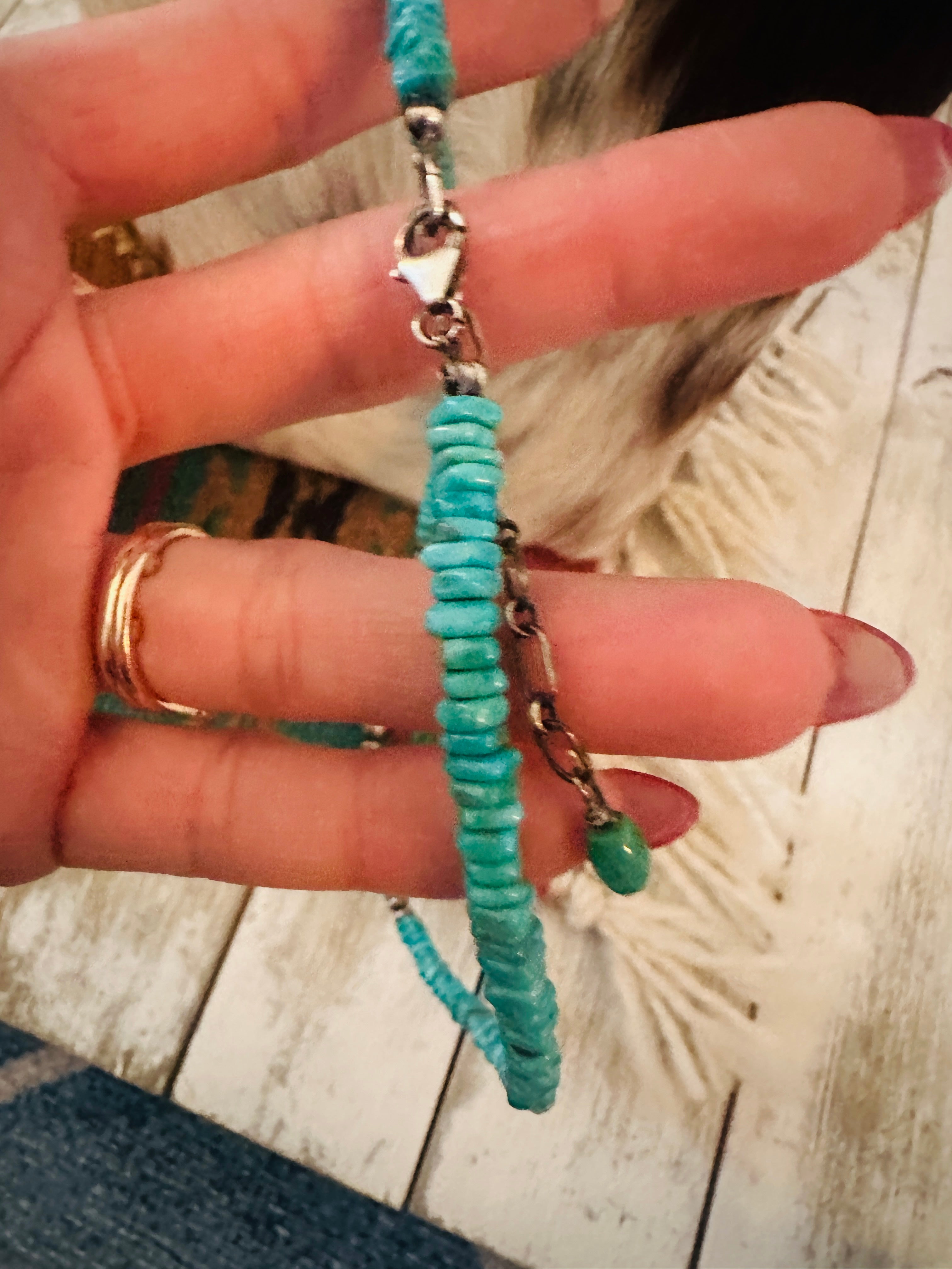 Handcrafted Turquoise & Sterling Silver Beaded Necklace 16”