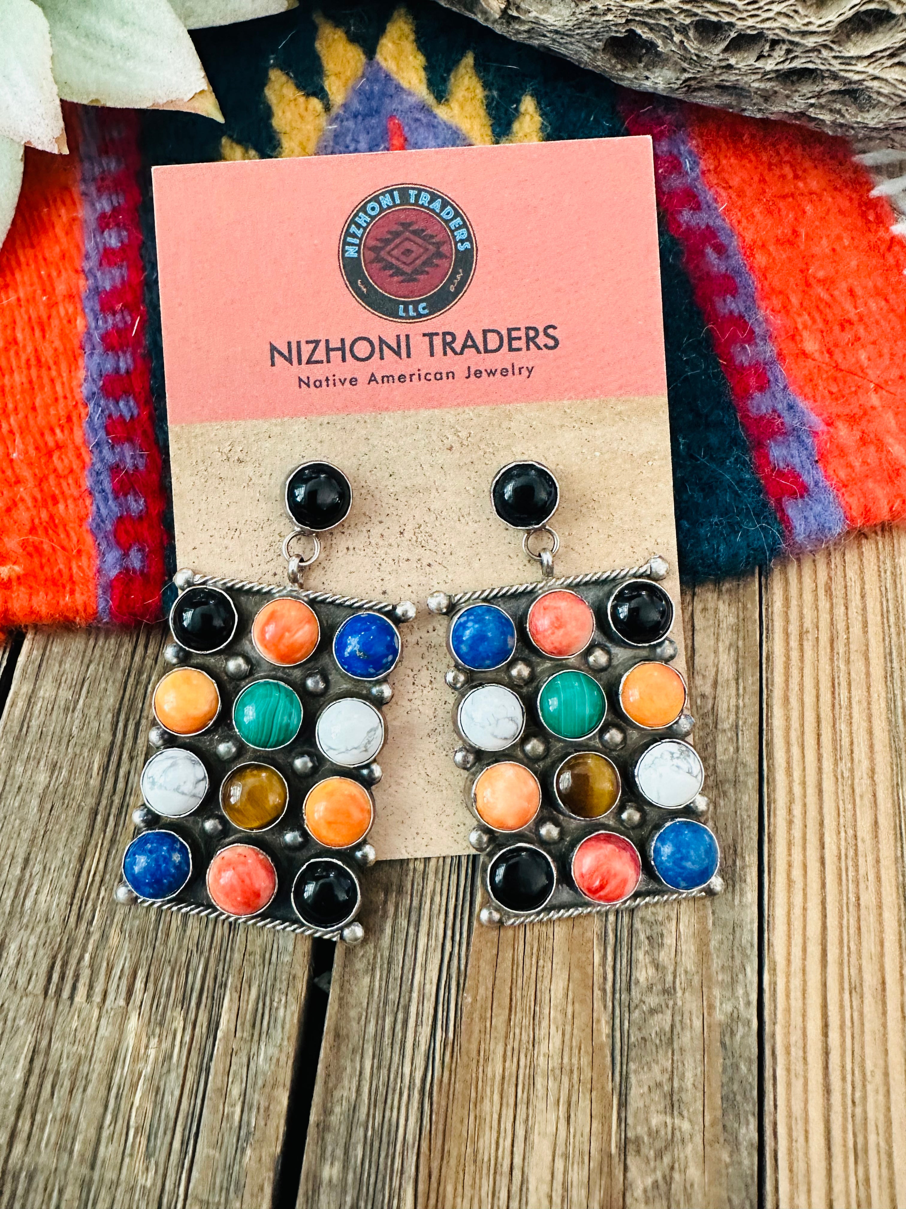 Navajo Multi Stone & Sterling Silver Cluster Dangle Earrings by Jacqueline Silver