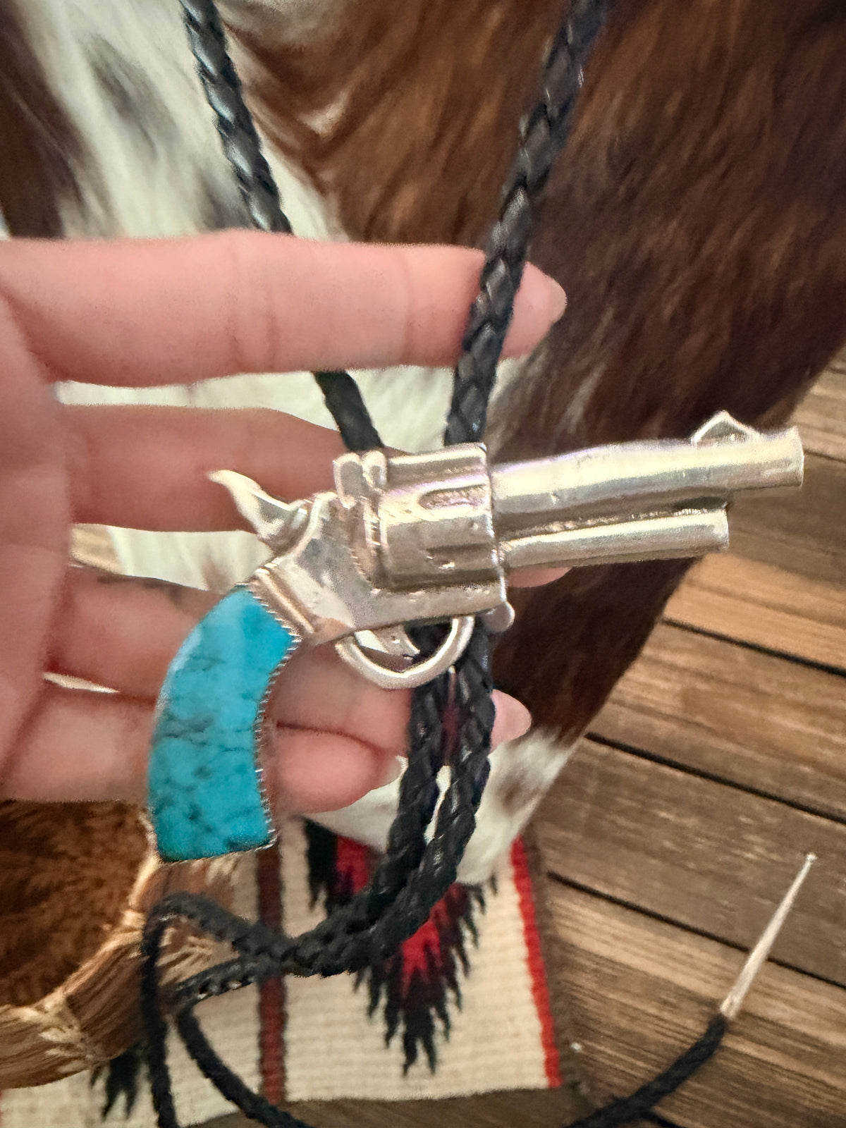 Handcrafted Sterling Silver & Turquoise Pistol Bolo Tie