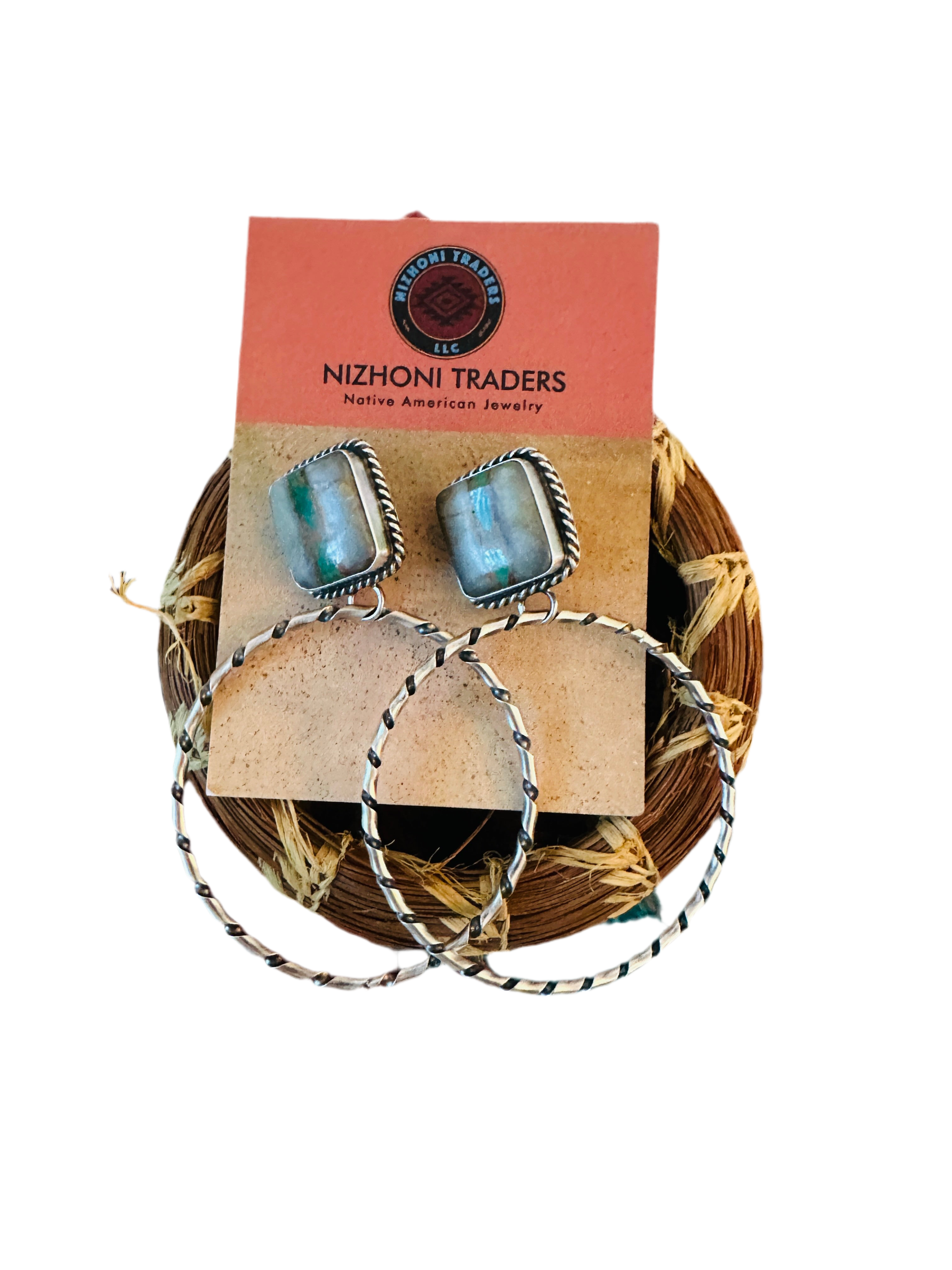 Navajo Ribbon Turquoise and Sterling Silver Dangle Hoop Earrings