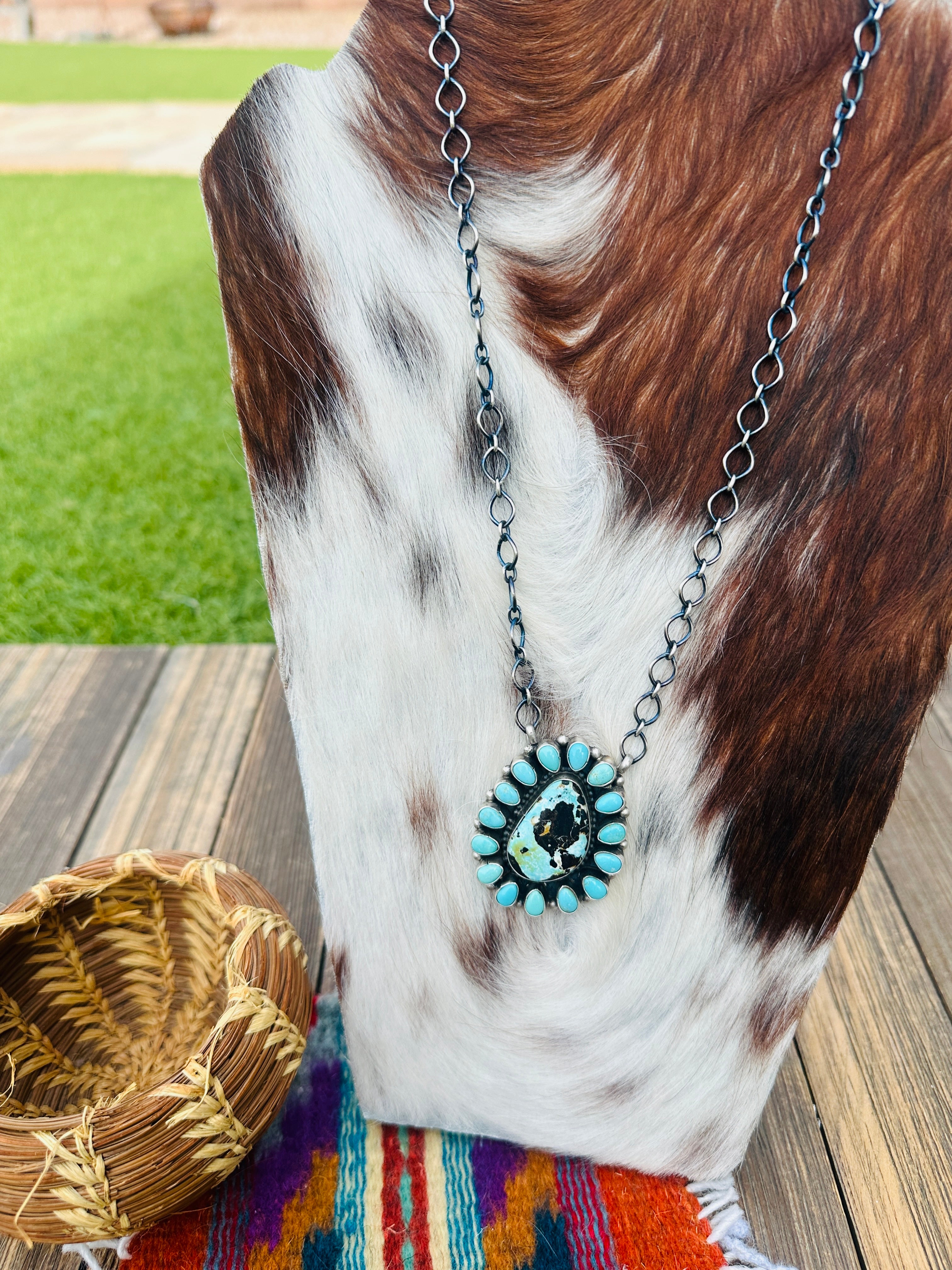 Handcrafted Turquoise & Sterling Silver Cluster Necklace by Travis Jim
