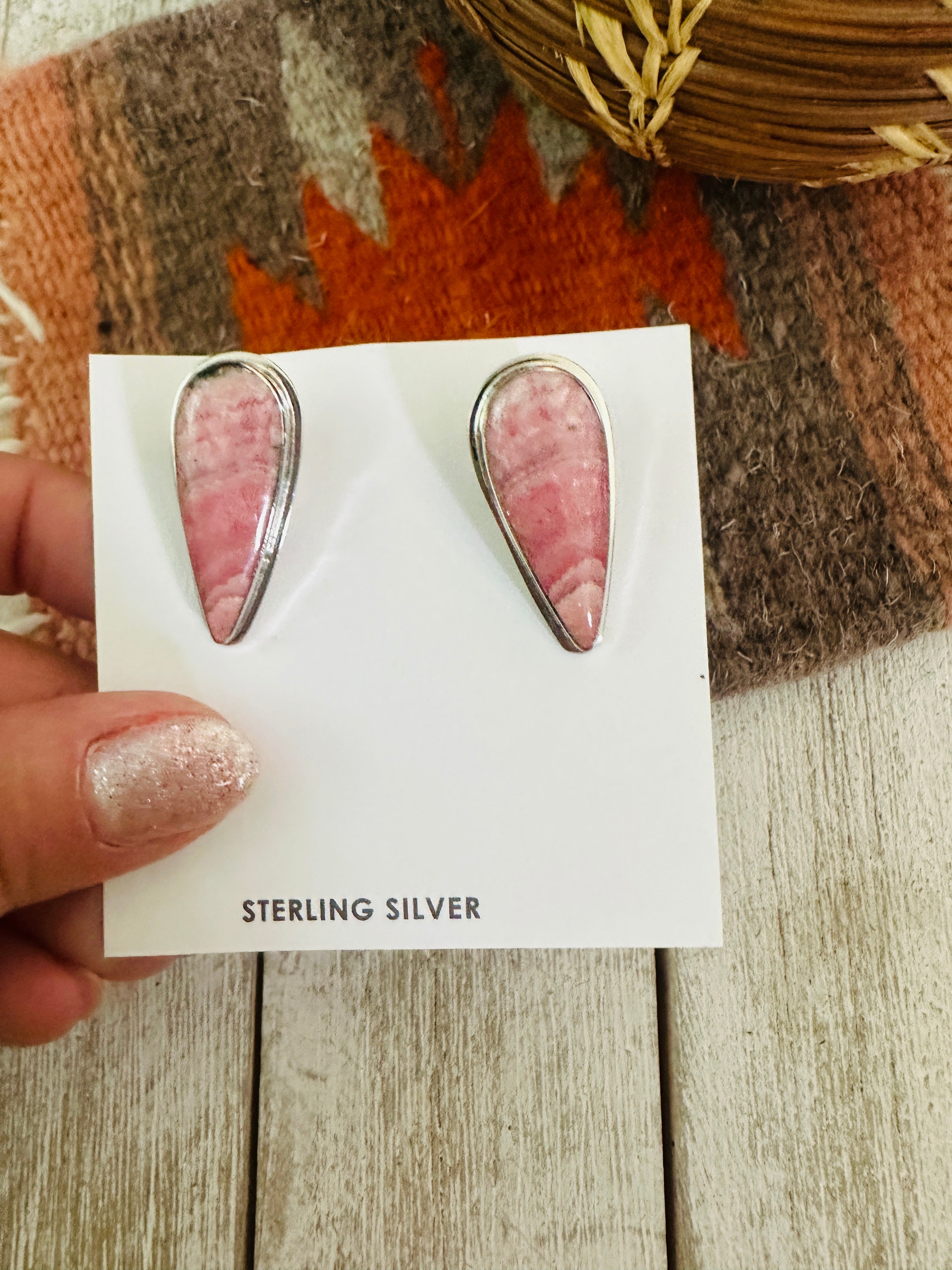 Navajo Rhodochrosite and Sterling Silver Clip On Earrings