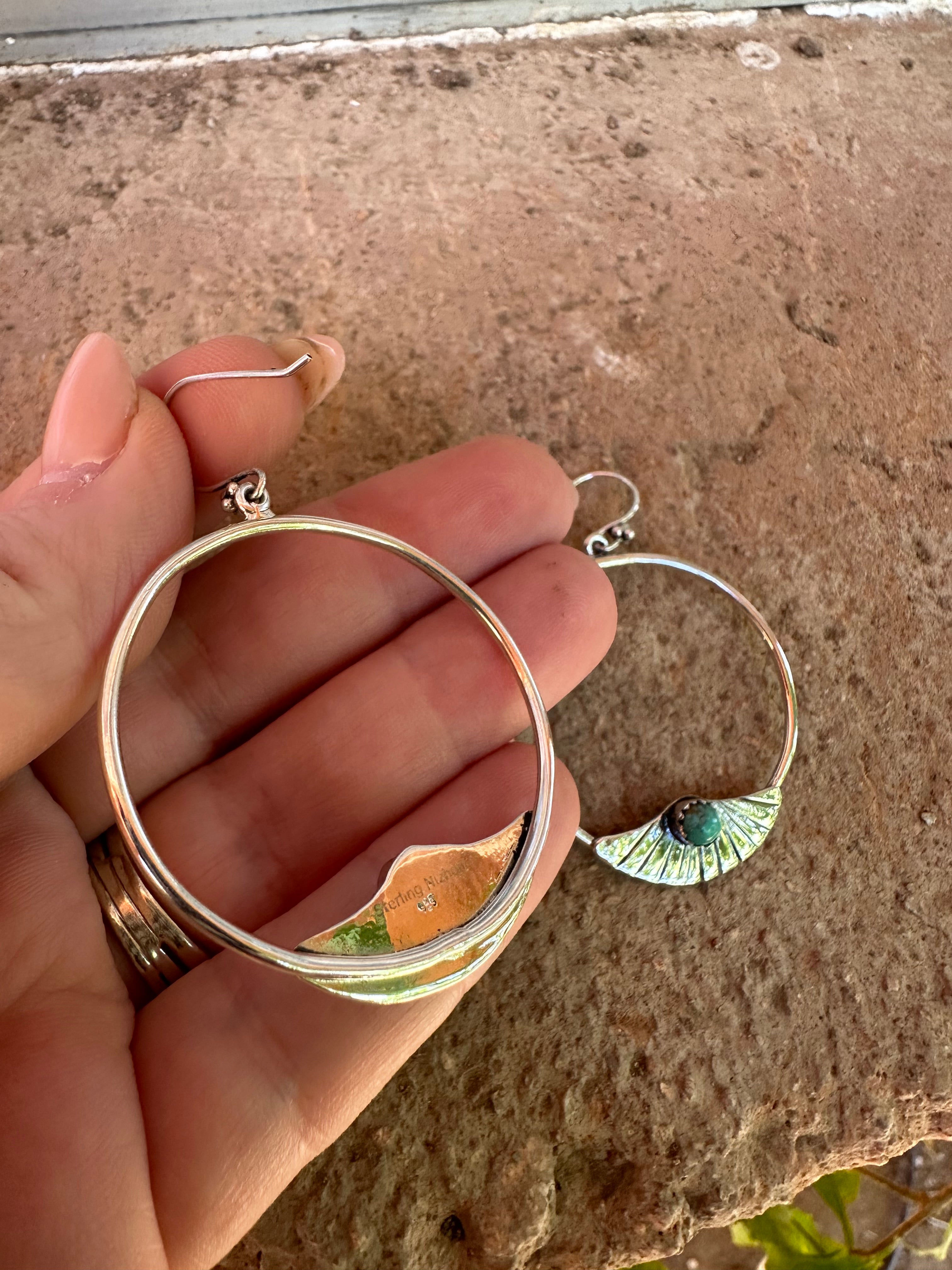 Handmade Turquoise & Sterling Silver Hoop Earrings Signed Nizhoni