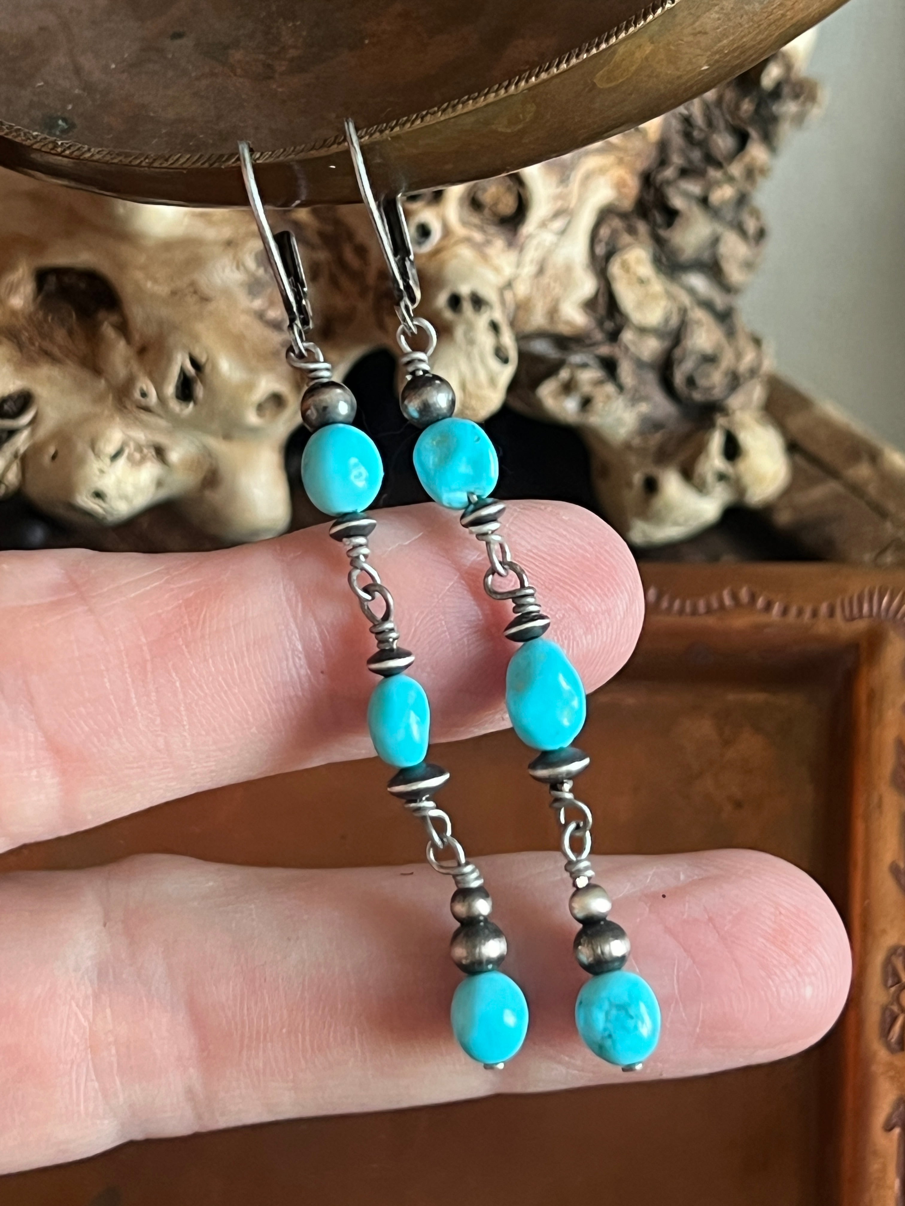 Handcrafted Sterling Silver and Sleeping Beauty Turquoise Beaded Dangle Earrings, Leverbacks
