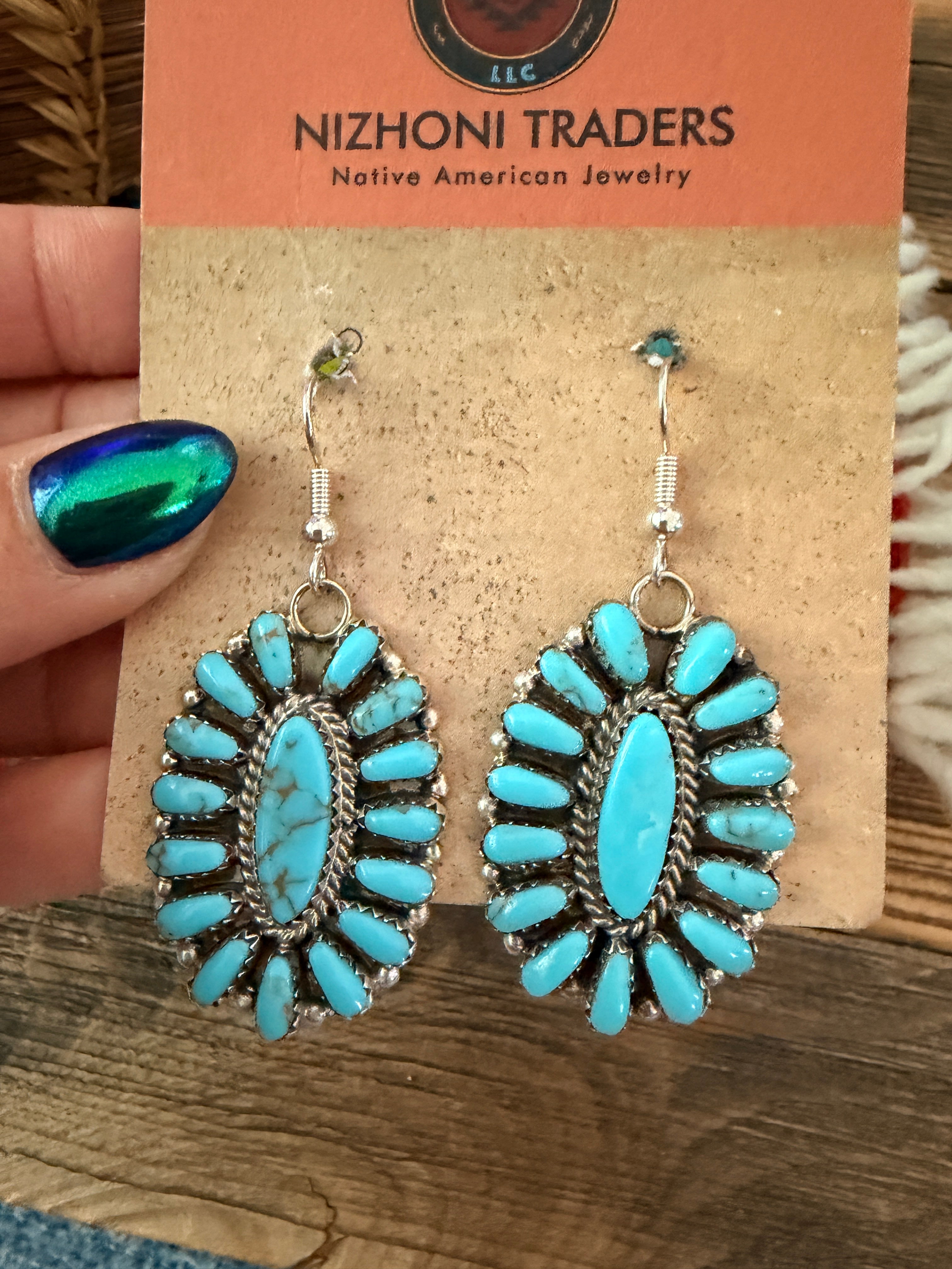 Old Pawn Handcrafted Sterling Silver & Turquoise Cluster Dangle Earrings