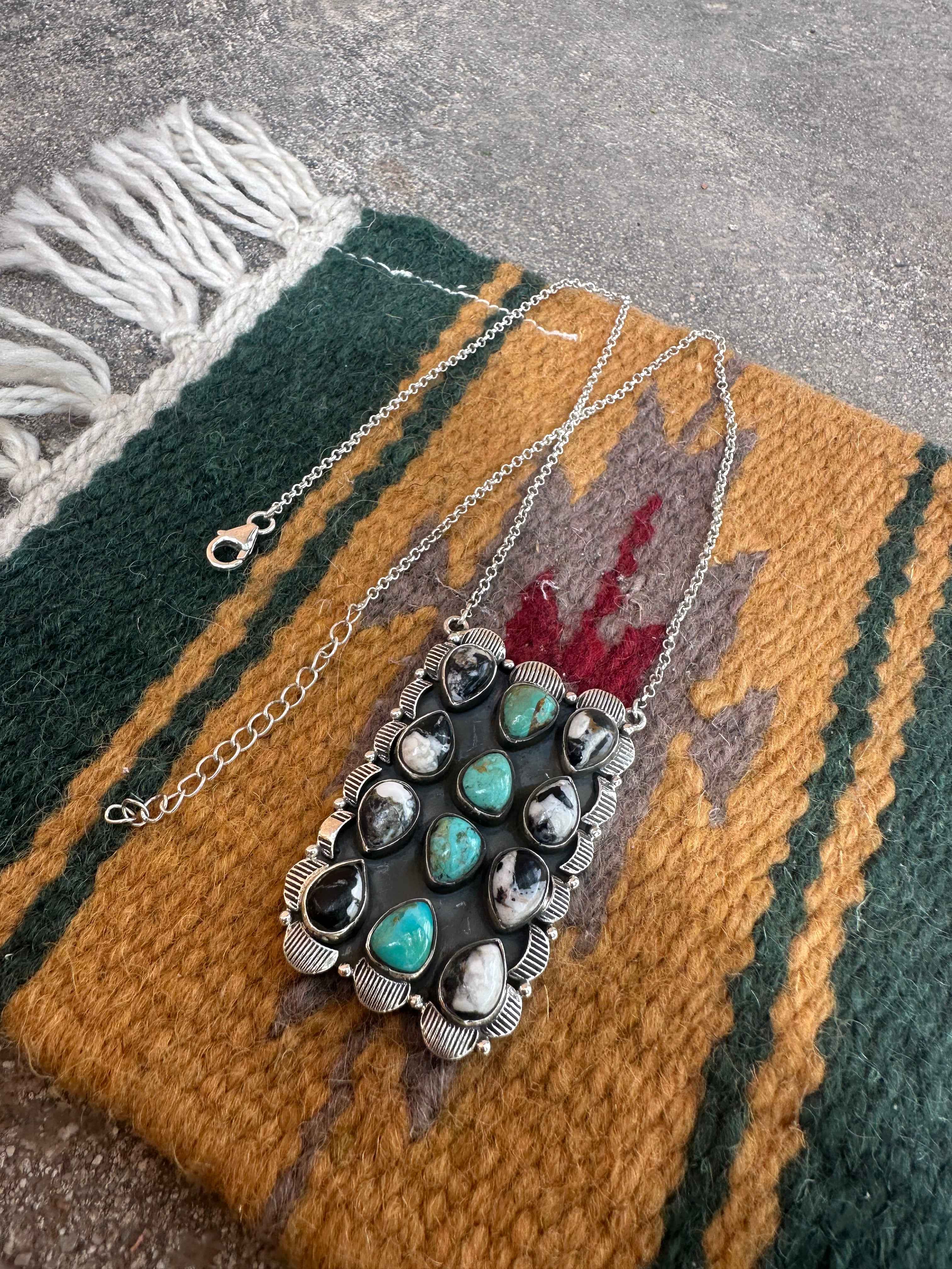 Nizhoni Handmade White Buffalo, Turquoise & Sterling Silver Bar Necklace