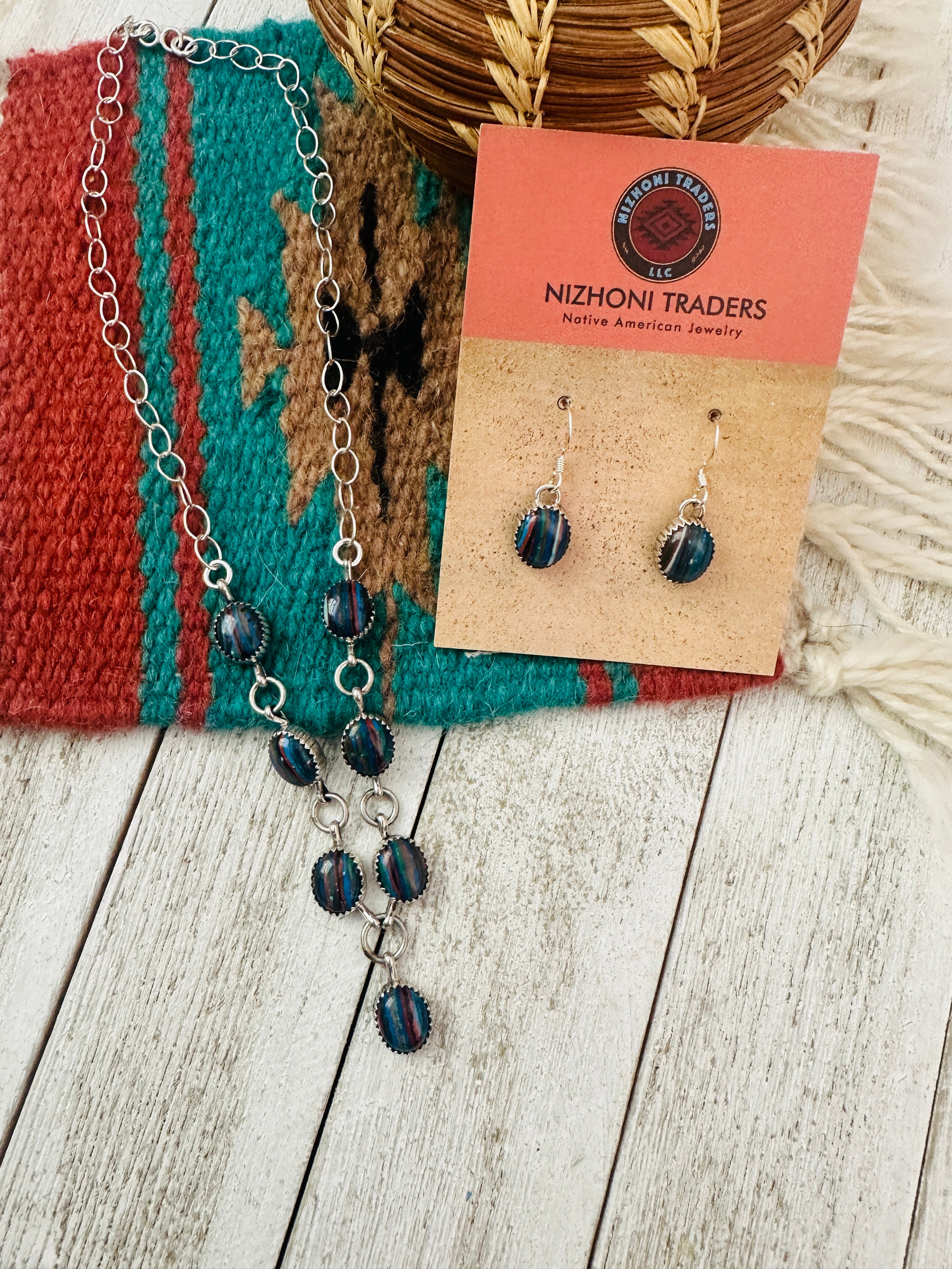 Navajo Rainbow Calsilica & Sterling Silver Necklace Set