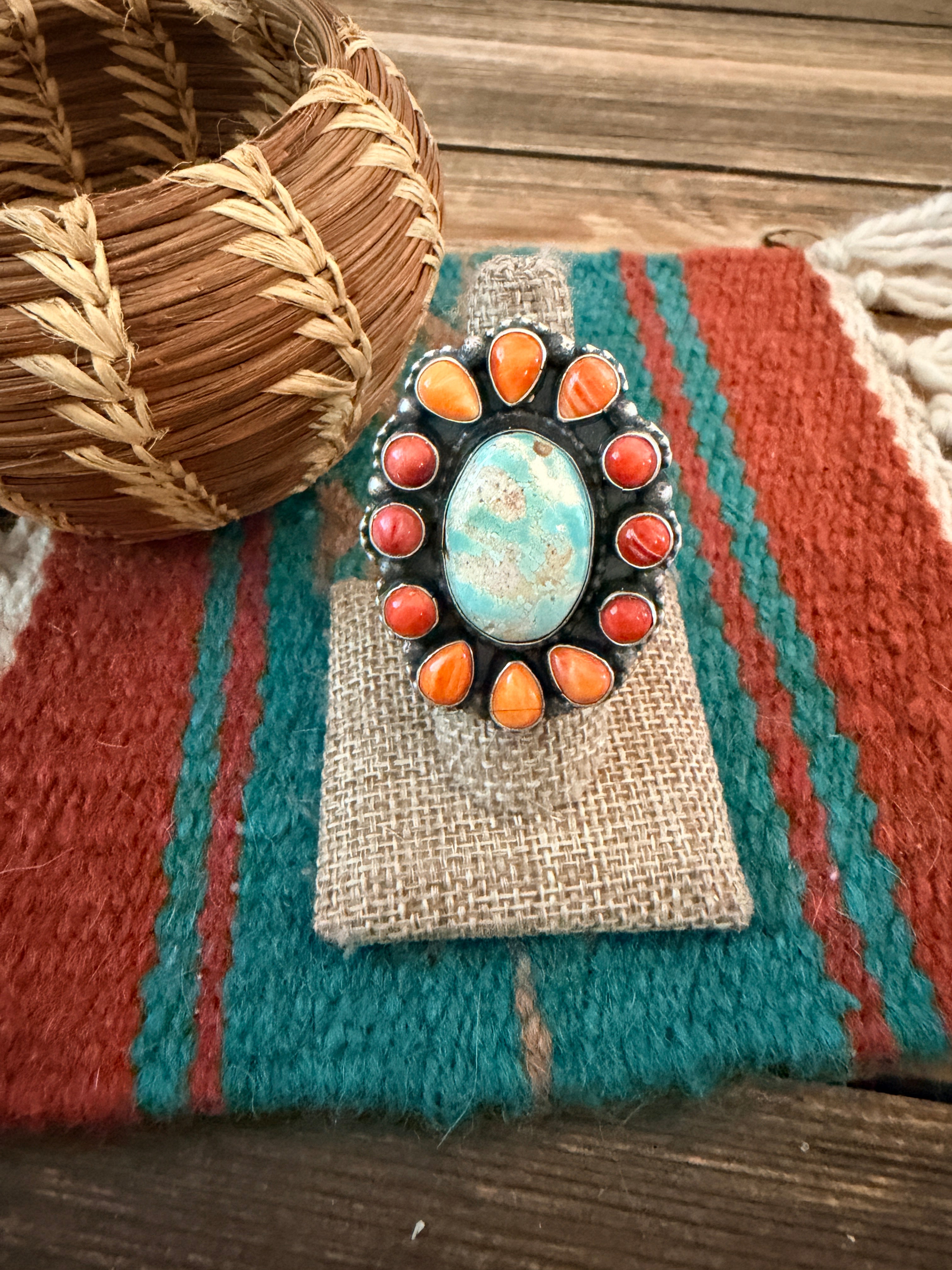 Handcrafted Spiny Oyster, Turquoise & Sterling Silver Cluster Ring by Sheila Becenti Size 7