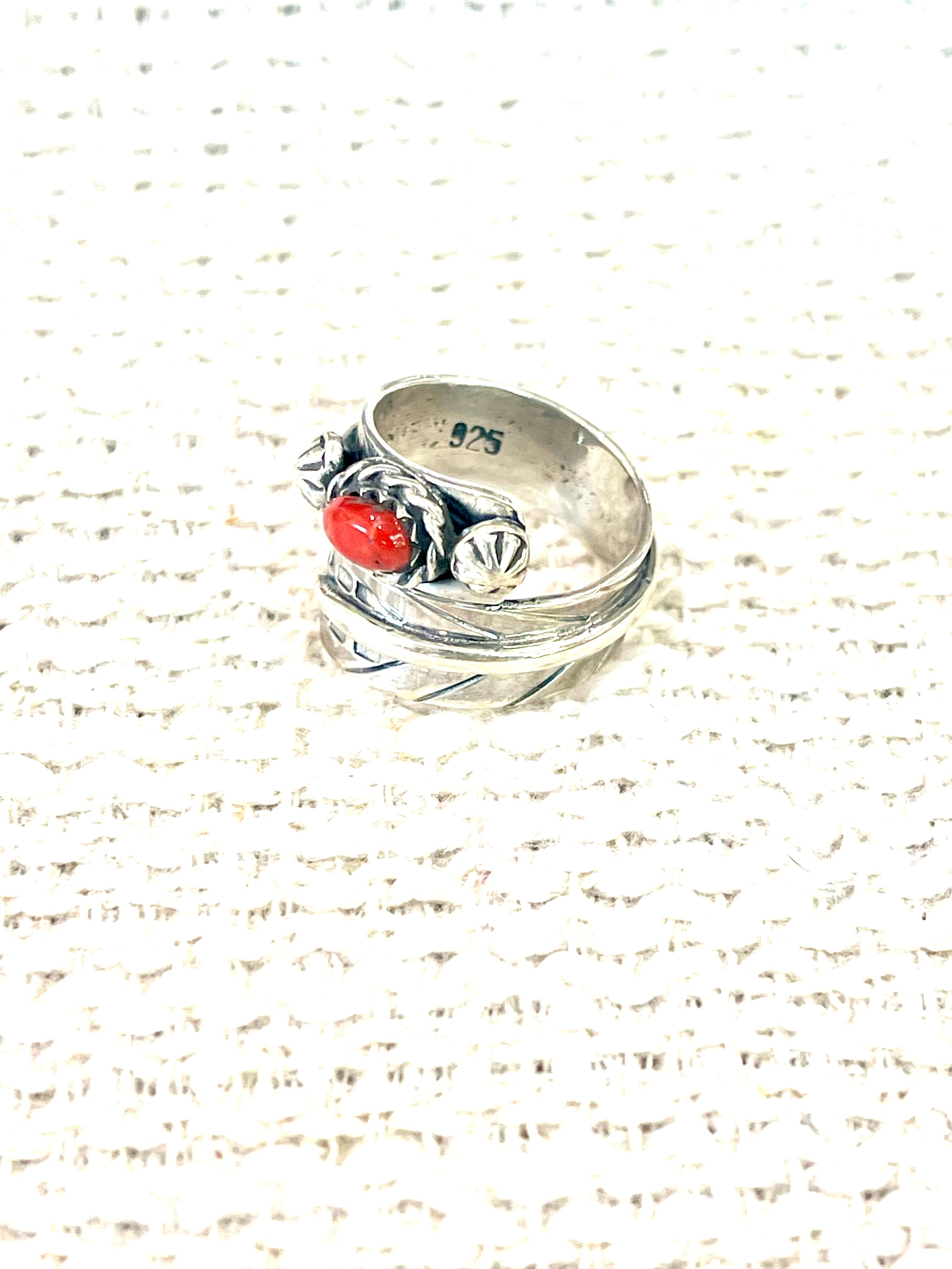 Handmade Sterling Silver & Coral Adjustable Feather Band Ring