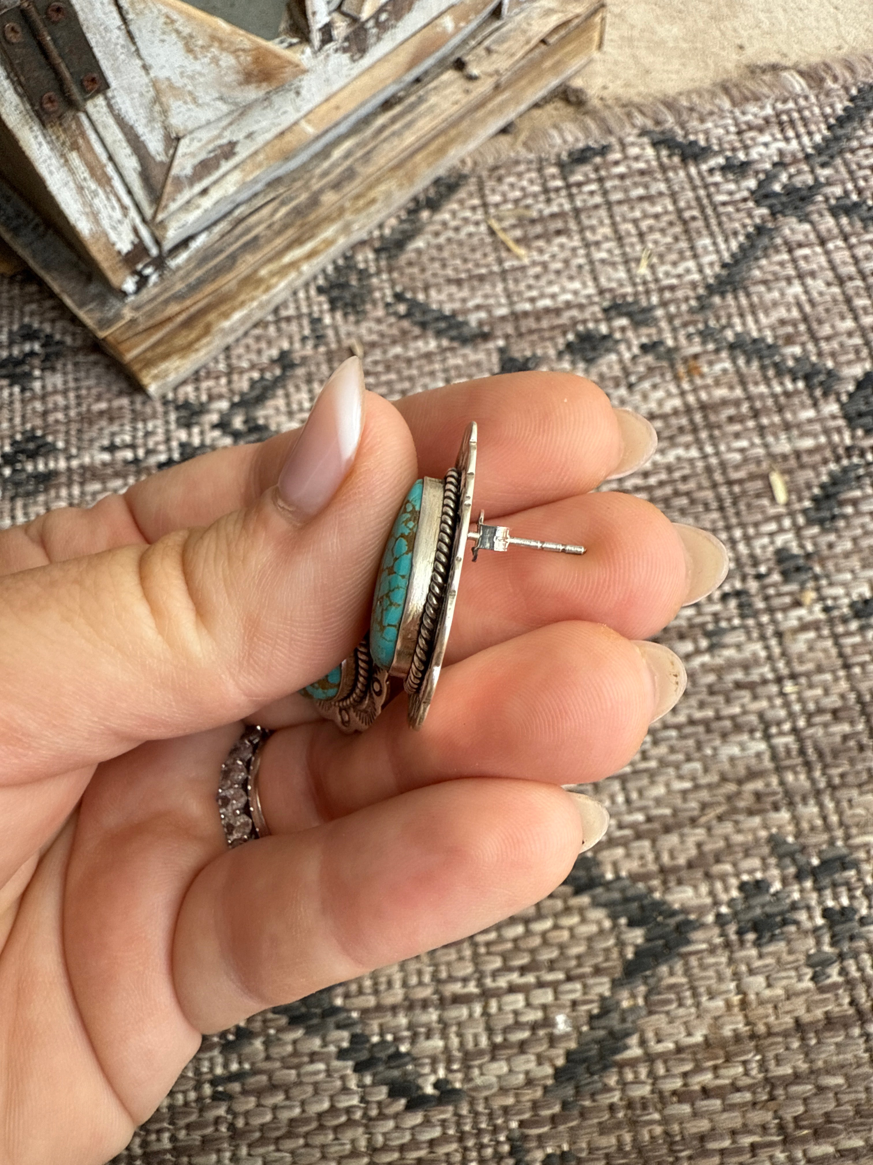 Handmade Number 8 Turquoise and Sterling Silver Post Earrings