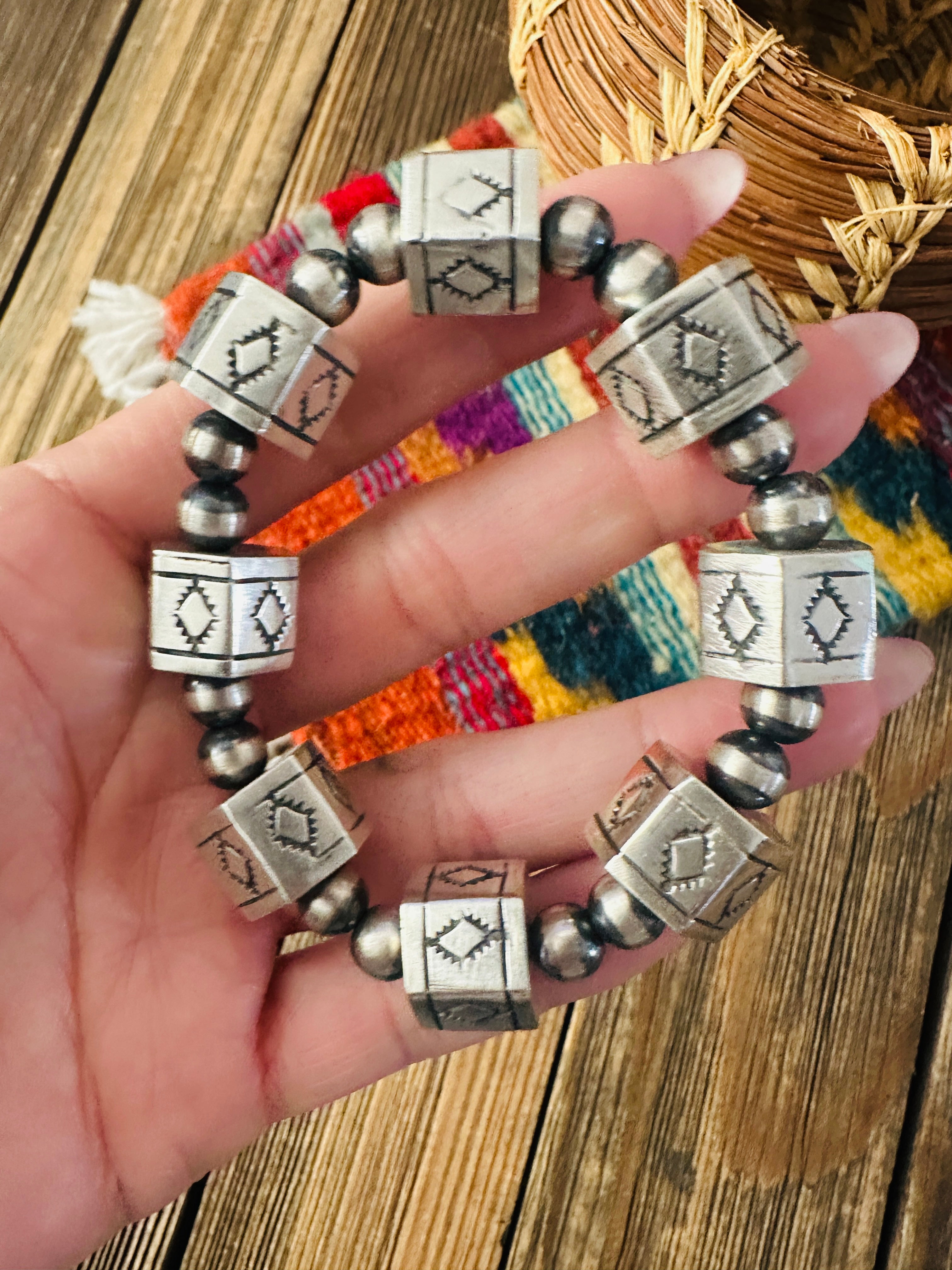 Hand Stamped Sterling Silver Pearl Beaded Stretch Bracelet