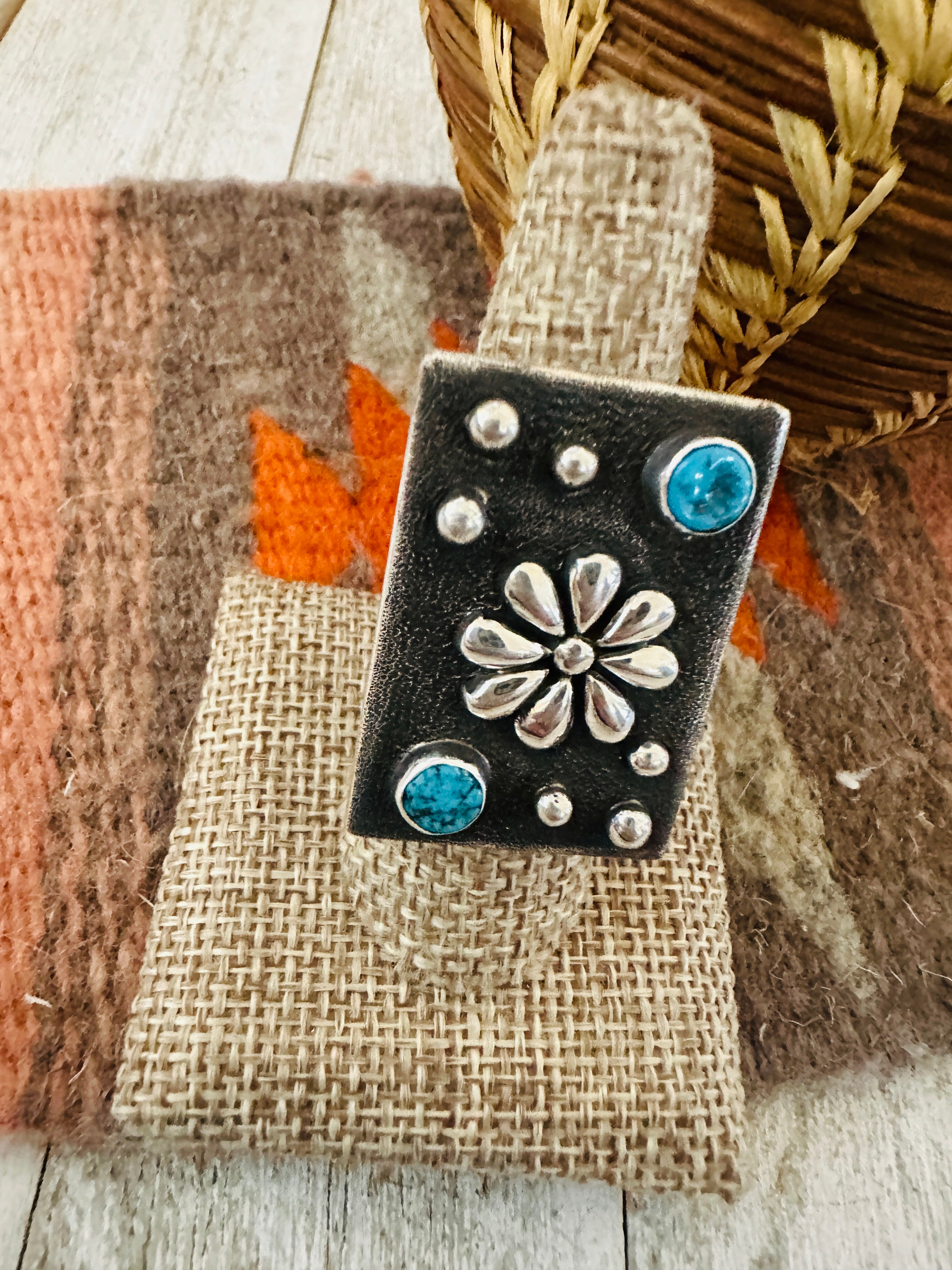 Handcrafted Sterling Silver & Studded Flower Turquoise Ring Size 8